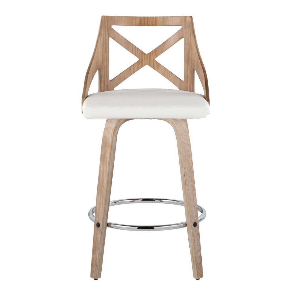 Charlotte 26" Fixed-Height Counter Stool - Set of 2 - Whitewashed Wood, White PU, Chrome Metal