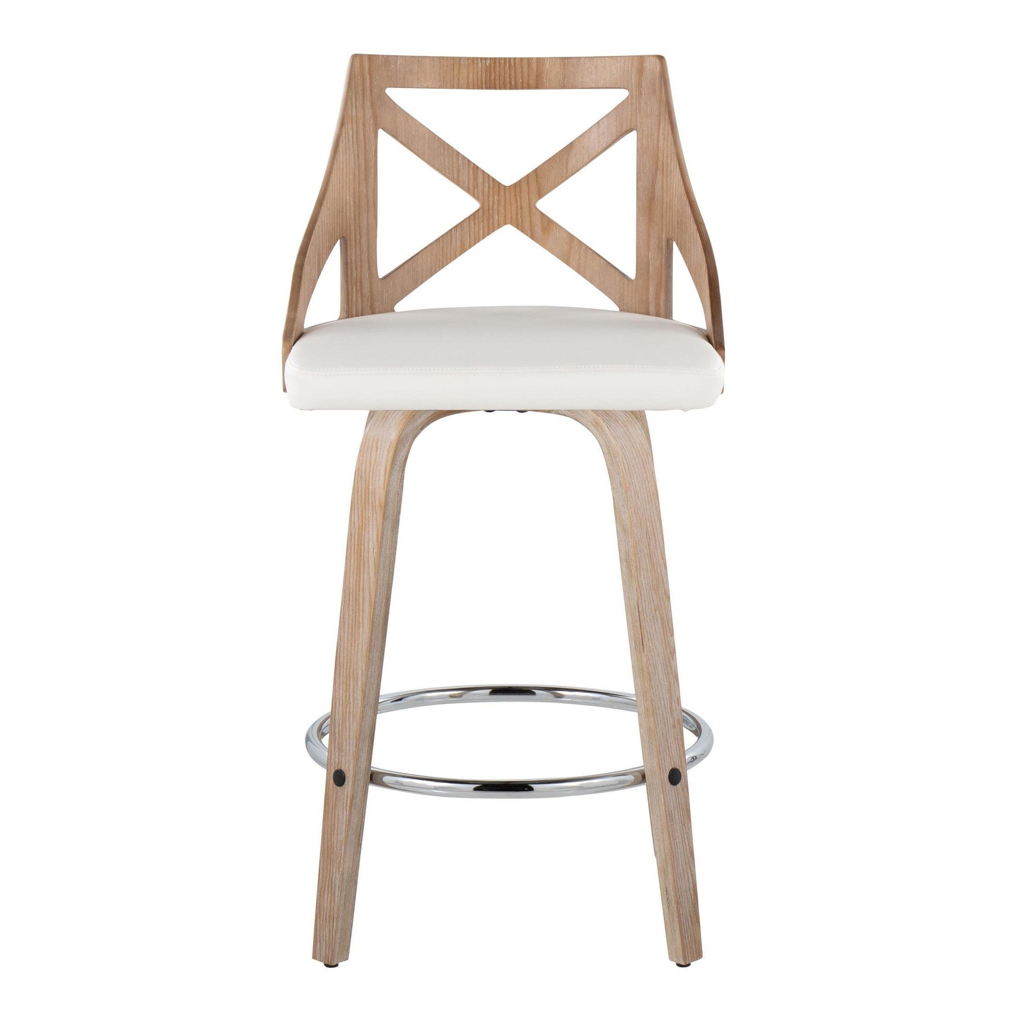 Charlotte 26" Fixed-Height Counter Stool - Set of 2 - Whitewashed Wood, White PU, Chrome Metal
