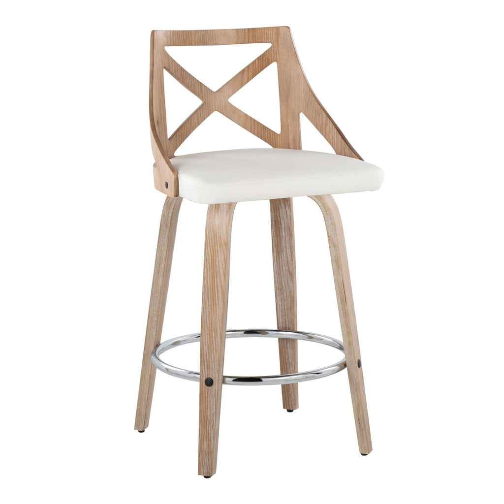 Charlotte 26" Fixed-Height Counter Stool - Set of 2 - Whitewashed Wood, White PU, Chrome Metal