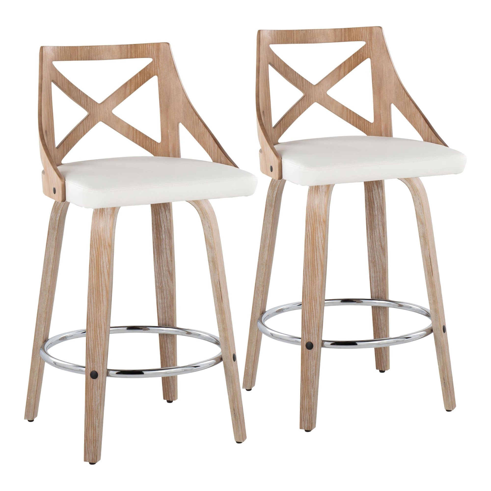 Charlotte 26" Fixed-Height Counter Stool - Set of 2 - Whitewashed Wood, White PU, Chrome Metal