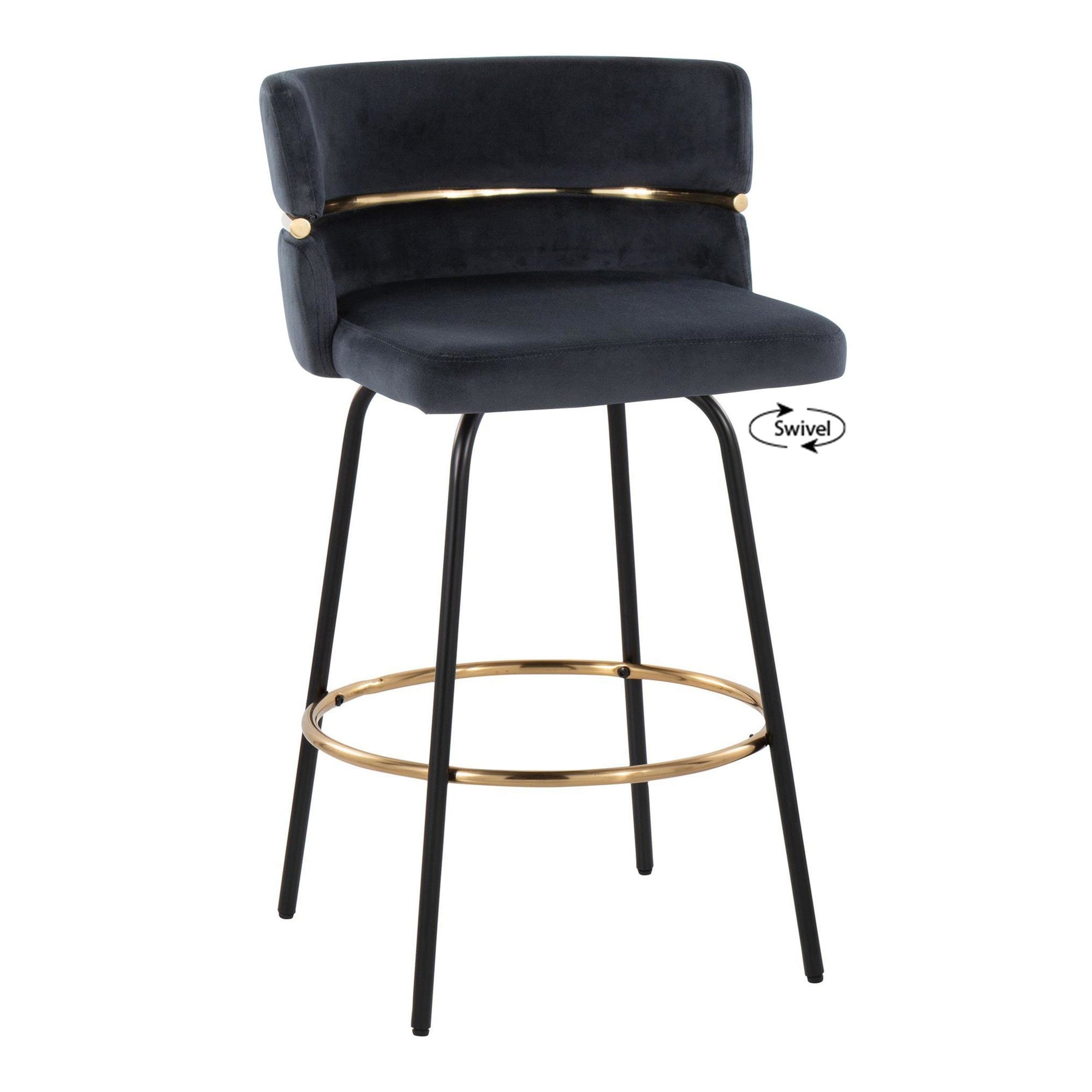 Cinch Claire 26" Fixed-Height Counter Stool - Set of 2 - Black Metal, Gold Metal, Black Velvet