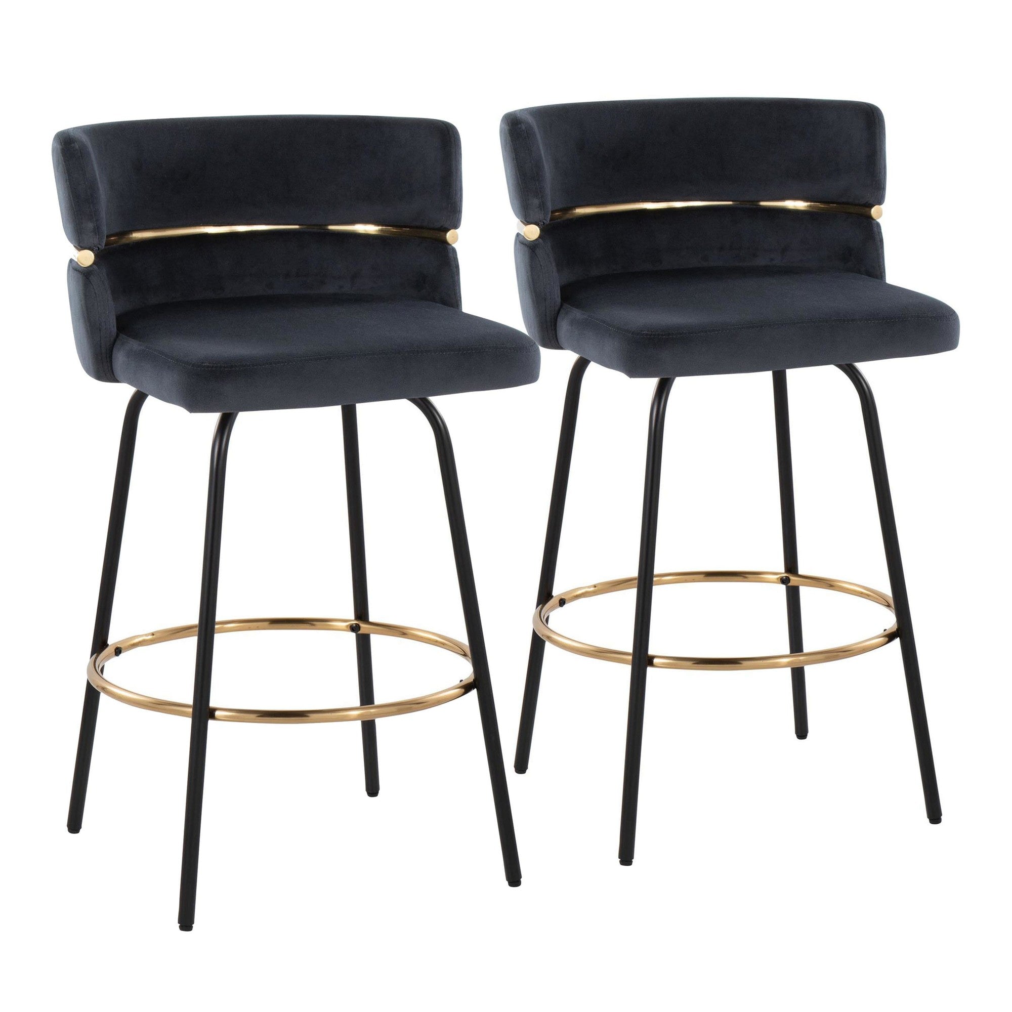 Cinch Claire 26" Fixed-Height Counter Stool - Set of 2 - Black Metal, Gold Metal, Black Velvet