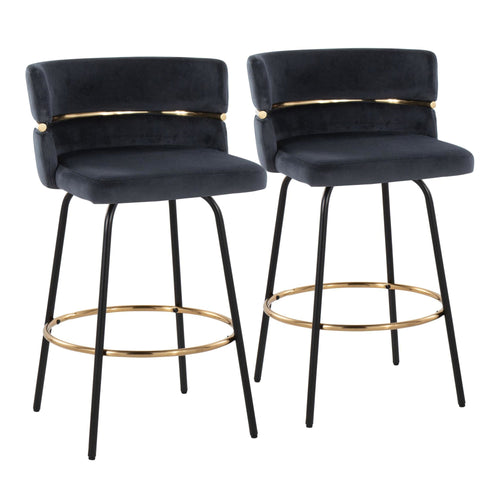 Cinch Claire 26" Fixed-Height Counter Stool - Set of 2 - Black Metal, Gold Metal, Black Velvet