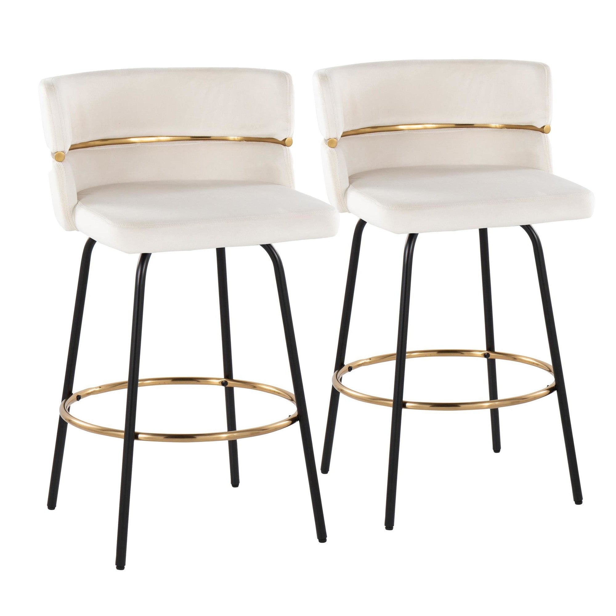 Cinch Claire 26" Fixed-Height Counter Stool - Set of 2 - Black Metal, Gold Metal, Cream Velvet