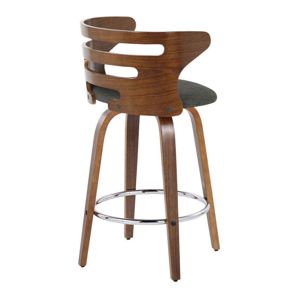 Cosini 26" Fixed-Height Counter Stool - Set of 2 - Walnut Wood, Charcoal Fabric, Chrome Metal