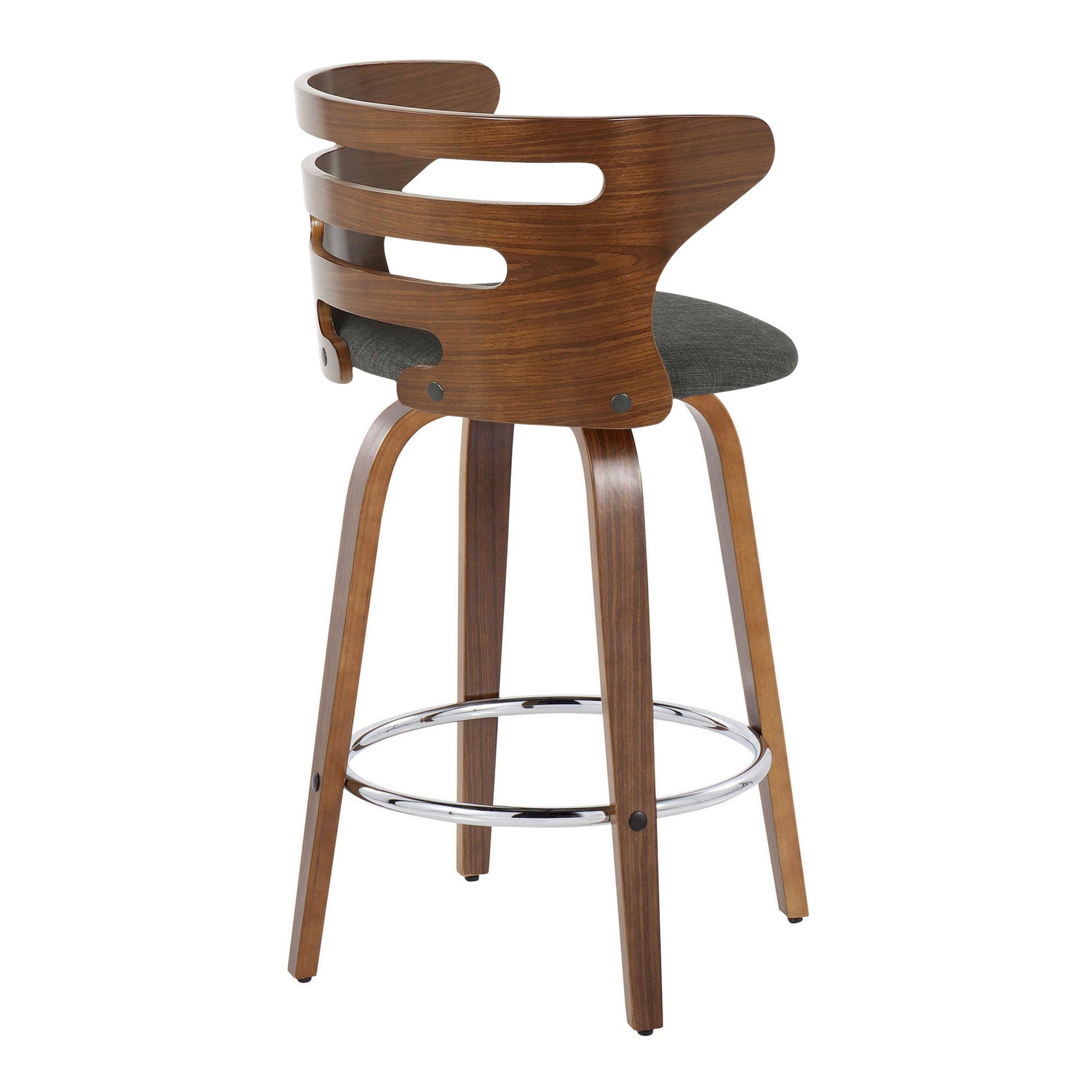 Cosini 26" Fixed-Height Counter Stool - Set of 2 - Walnut Wood, Charcoal Fabric, Chrome Metal