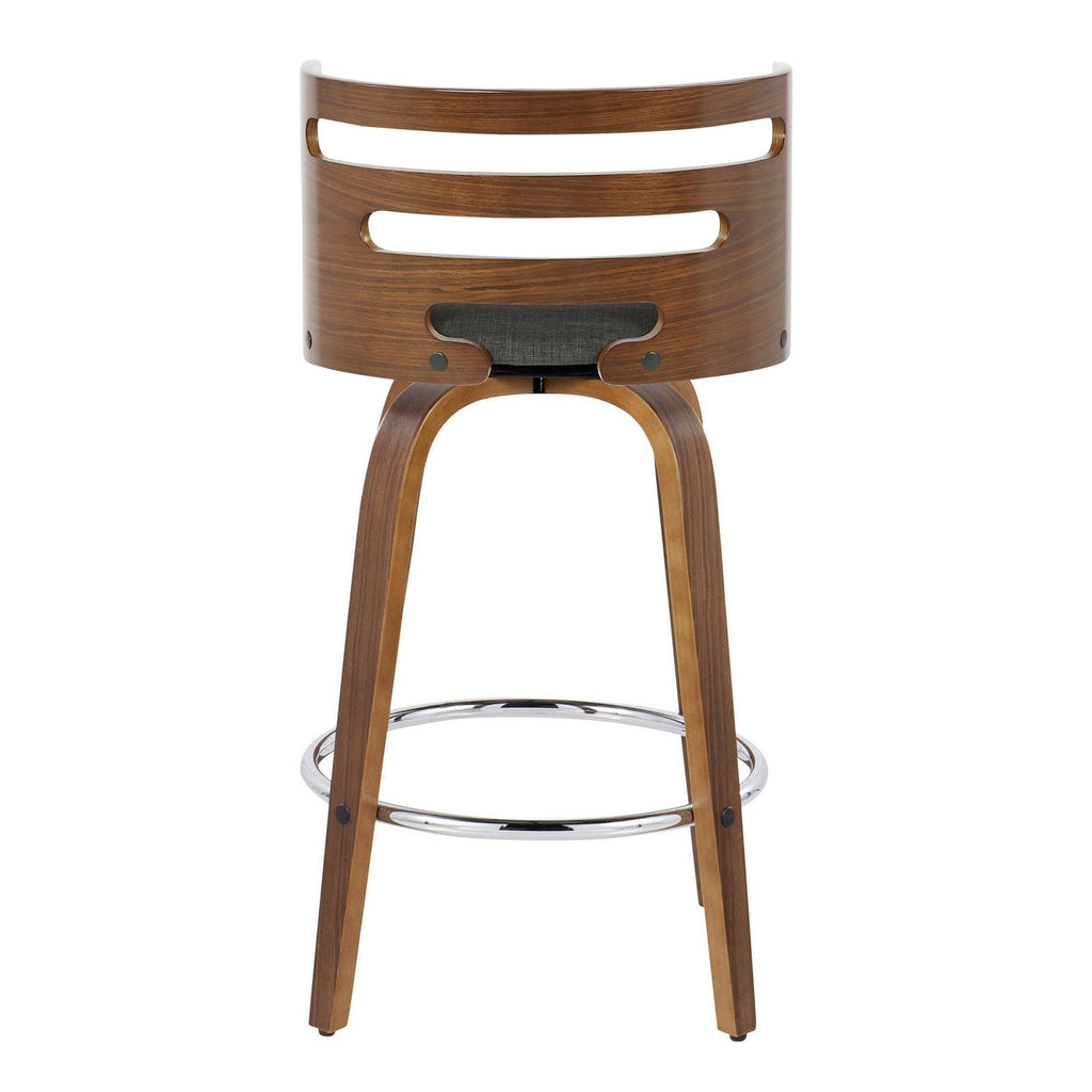 Cosini 26" Fixed-Height Counter Stool - Set of 2 - Walnut Wood, Charcoal Fabric, Chrome Metal