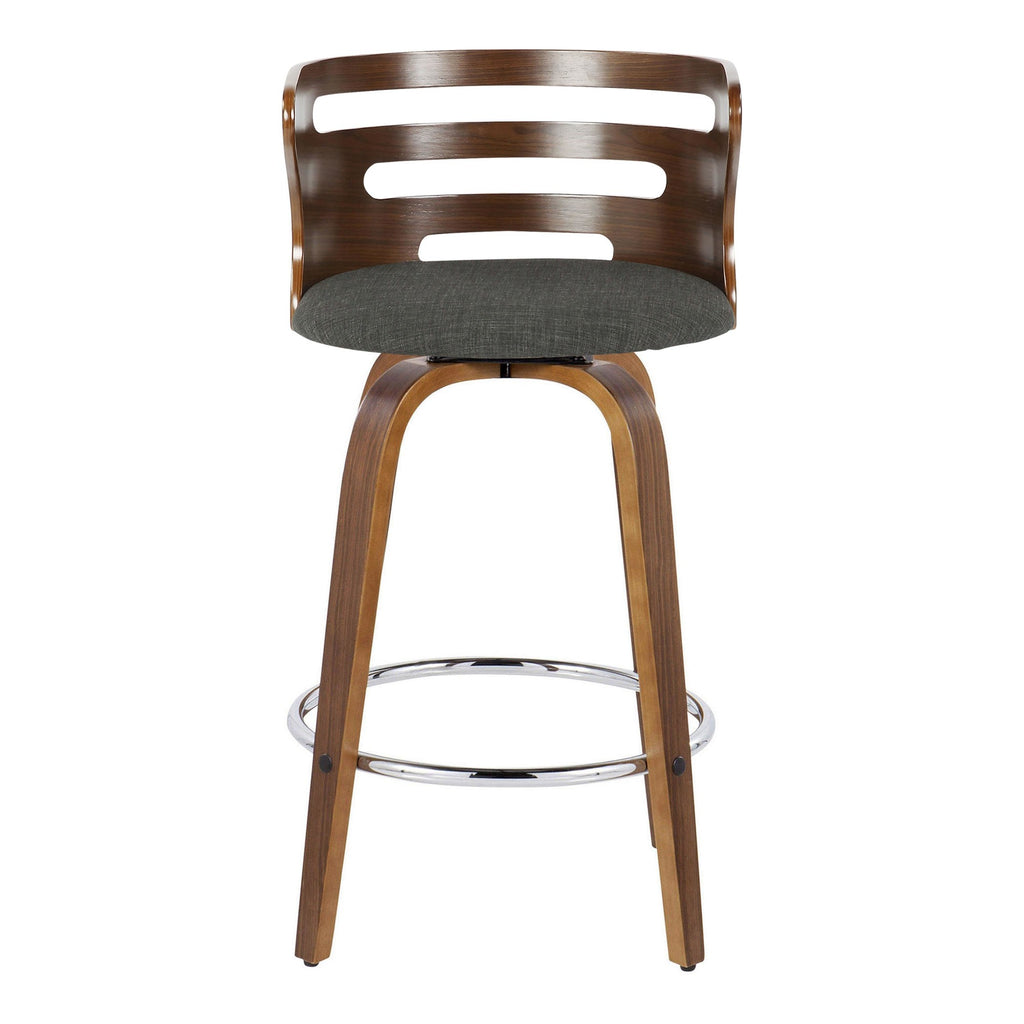 Cosini 26" Fixed-Height Counter Stool - Set of 2 - Walnut Wood, Charcoal Fabric, Chrome Metal