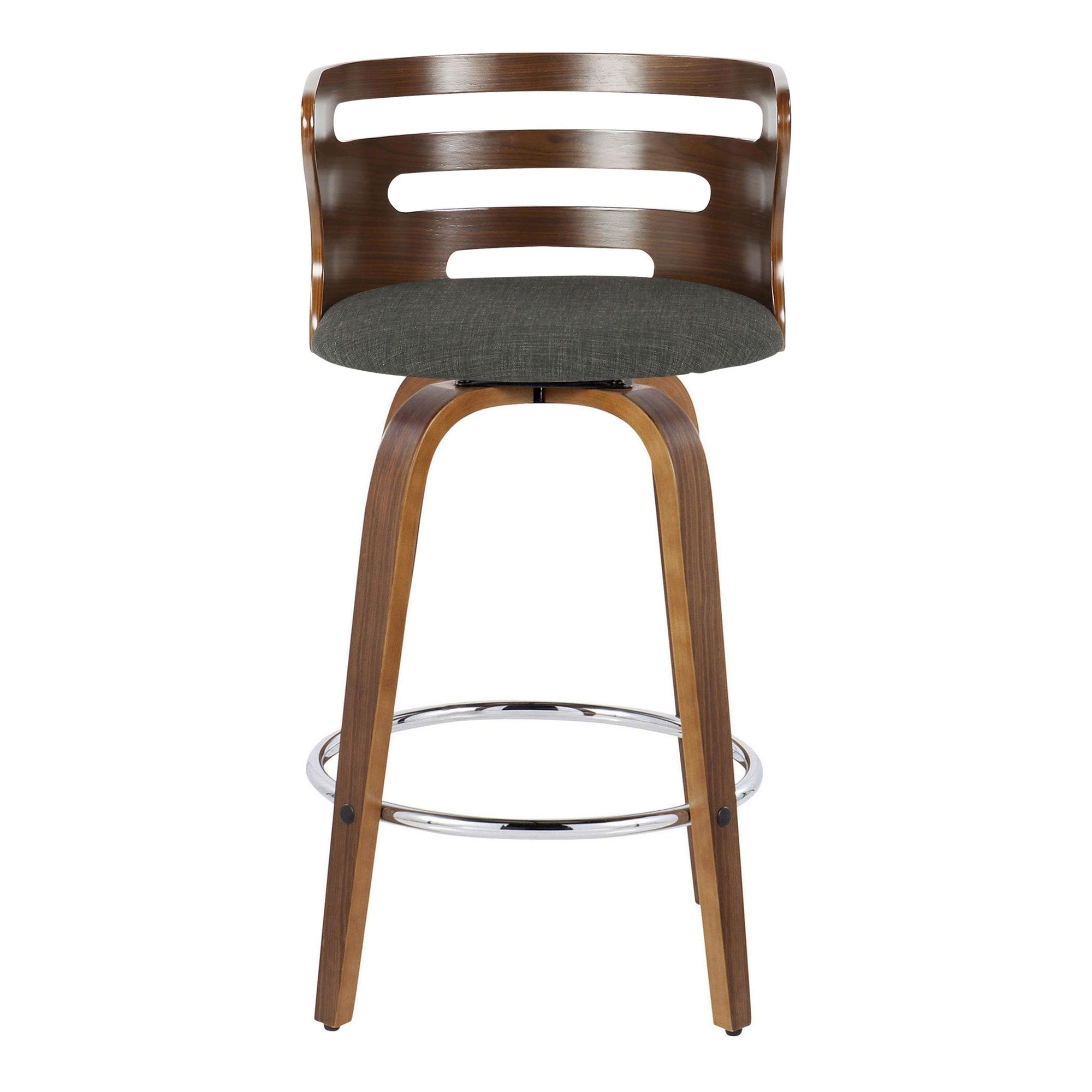 Cosini 26" Fixed-Height Counter Stool - Set of 2 - Walnut Wood, Charcoal Fabric, Chrome Metal