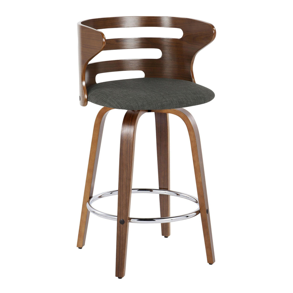 Cosini 26" Fixed-Height Counter Stool - Set of 2 - Walnut Wood, Charcoal Fabric, Chrome Metal