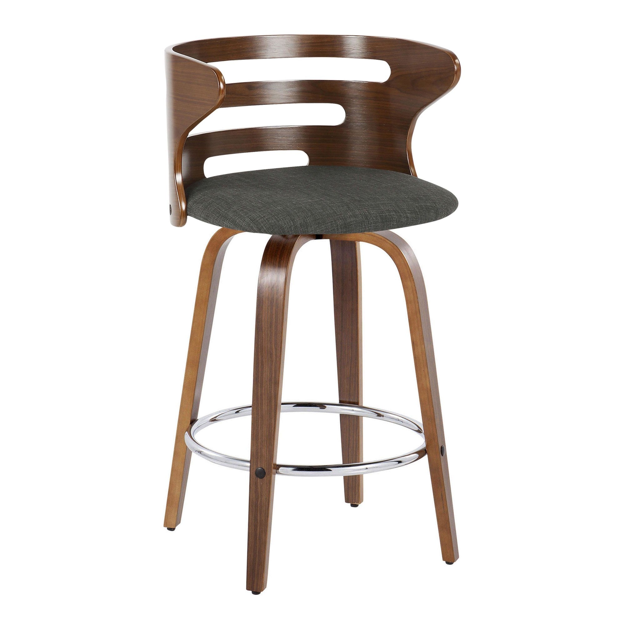 Cosini 26" Fixed-Height Counter Stool - Set of 2 - Walnut Wood, Charcoal Fabric, Chrome Metal
