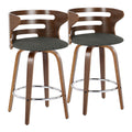 Cosini 26" Fixed-Height Counter Stool - Set of 2 - Walnut Wood, Charcoal Fabric, Chrome Metal