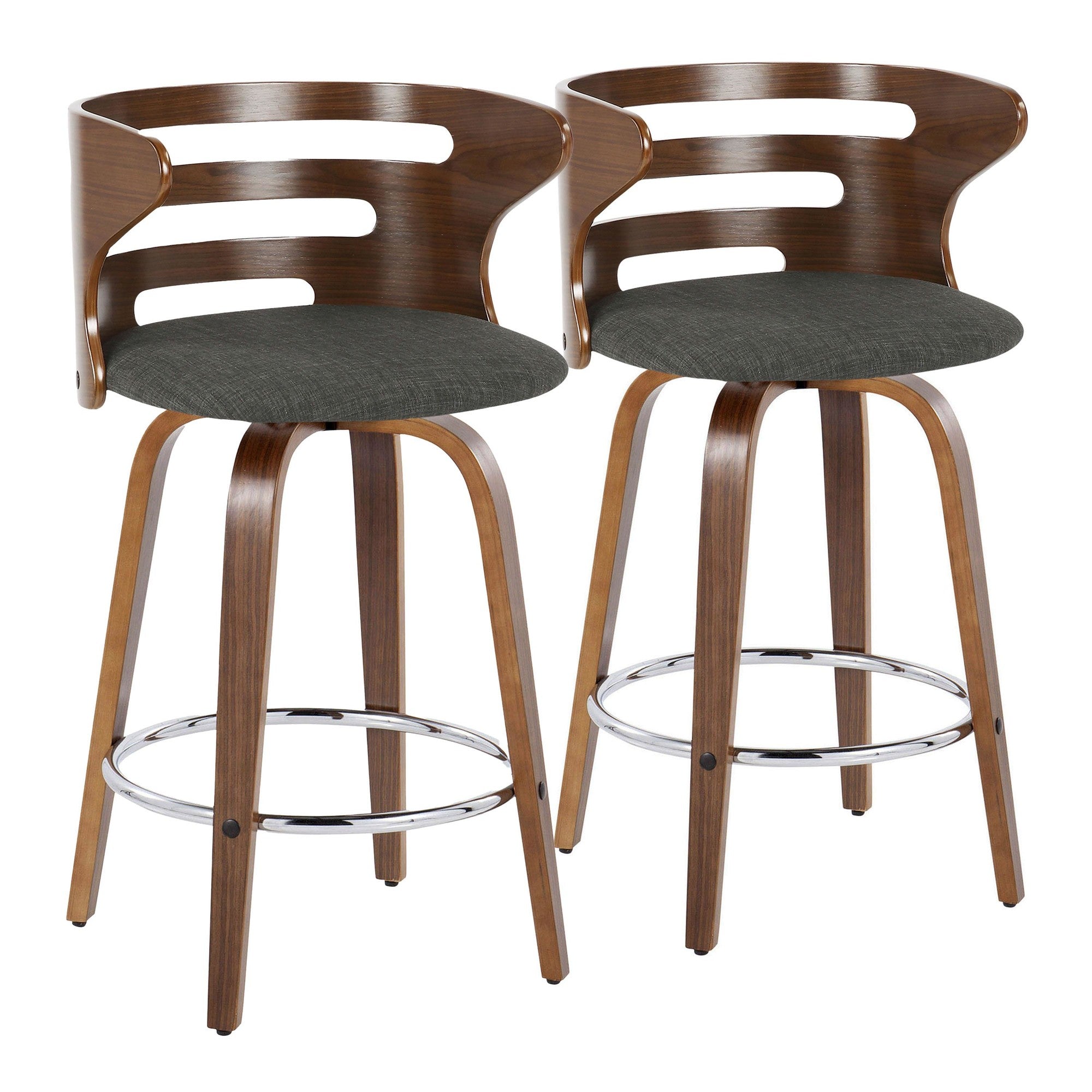 Cosini 26" Fixed-Height Counter Stool - Set of 2 - Walnut Wood, Charcoal Fabric, Chrome Metal