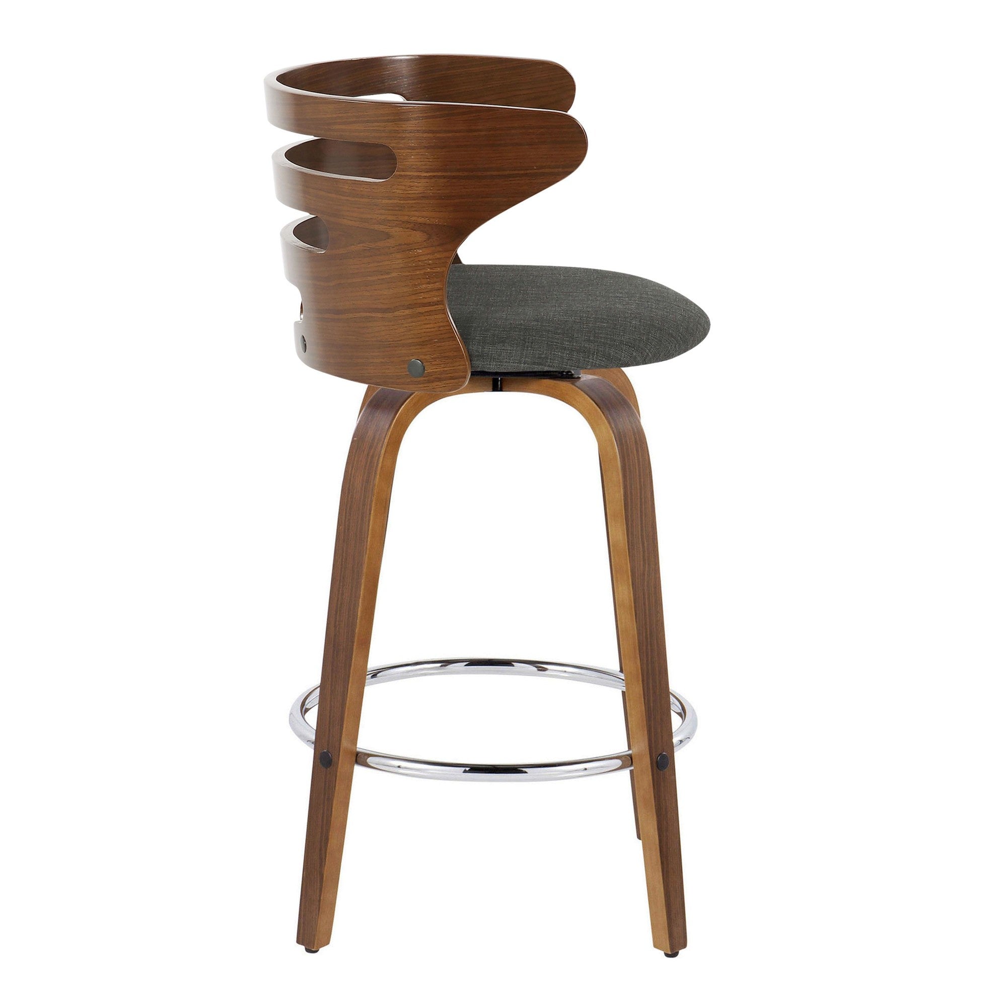 Cosini 26" Fixed-Height Counter Stool - Set of 2 - Walnut Wood, Charcoal Fabric, Chrome Metal