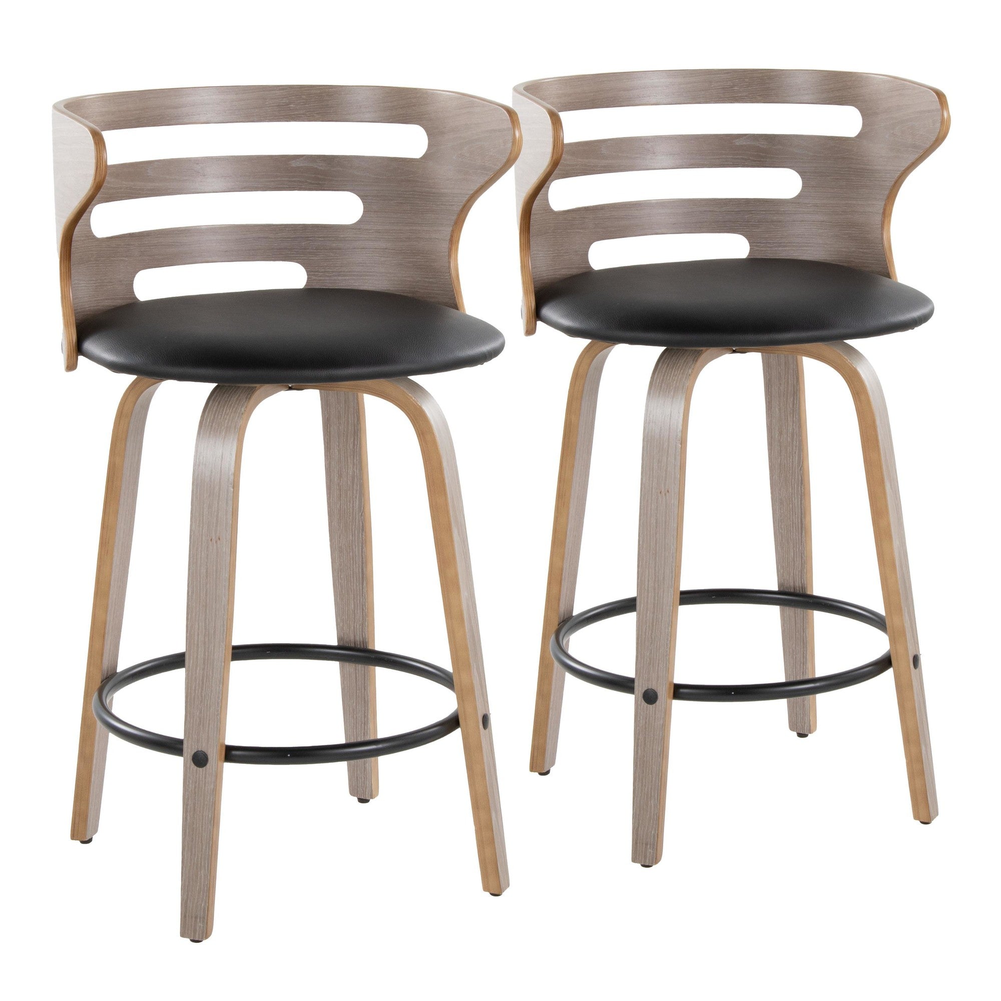 Cosini 26" Fixed-Height Counter Stool - Set of 2 - Light Grey Wood, Black PU, Black Metal