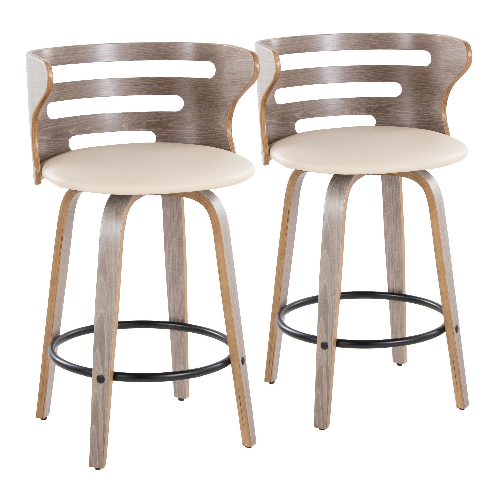 Cosini 26" Fixed-Height Counter Stool - Set of 2 - Light Grey Wood, Cream PU, Black Metal