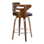 Cosini 26" Fixed-Height Counter Stool - Set of 2 - Walnut Wood, Brown PU, Chrome Metal