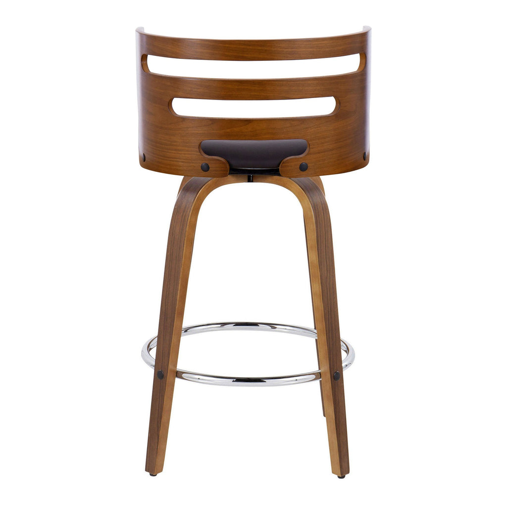 Cosini 26" Fixed-Height Counter Stool - Set of 2 - Walnut Wood, Brown PU, Chrome Metal