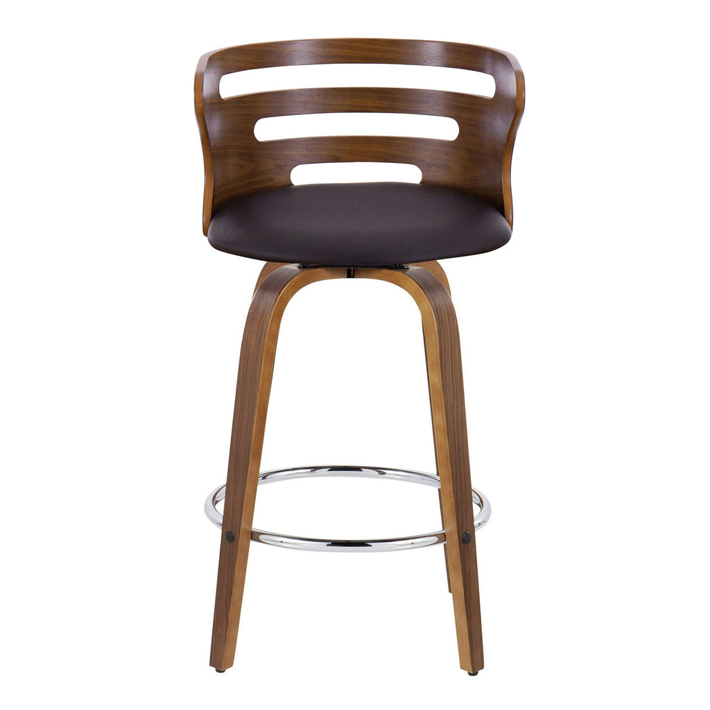 Cosini 26" Fixed-Height Counter Stool - Set of 2 - Walnut Wood, Brown PU, Chrome Metal