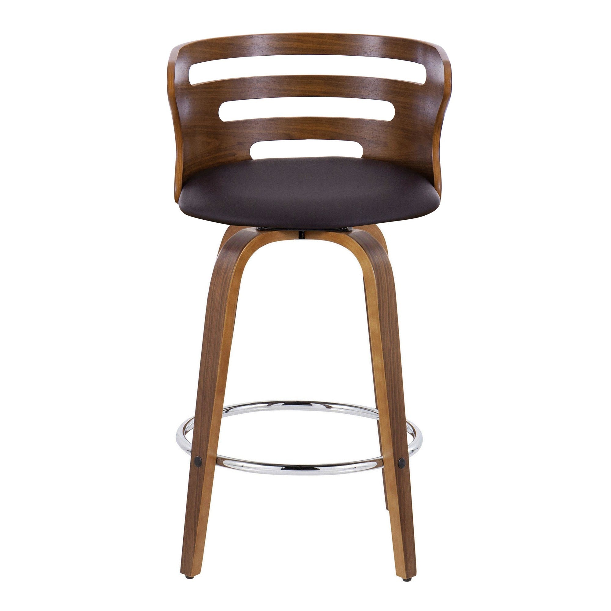 Cosini 26" Fixed-Height Counter Stool - Set of 2 - Walnut Wood, Brown PU, Chrome Metal