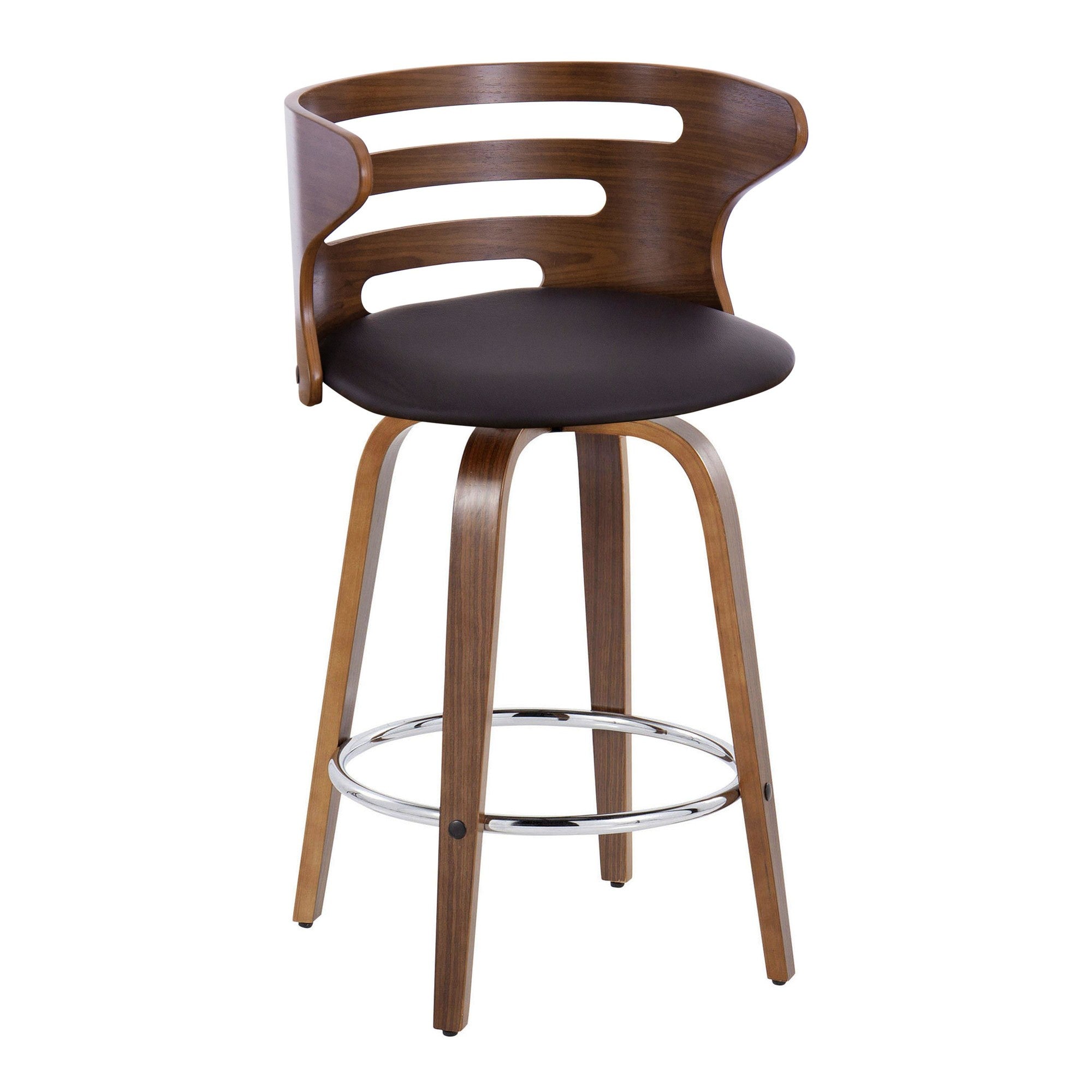 Cosini 26" Fixed-Height Counter Stool - Set of 2 - Walnut Wood, Brown PU, Chrome Metal