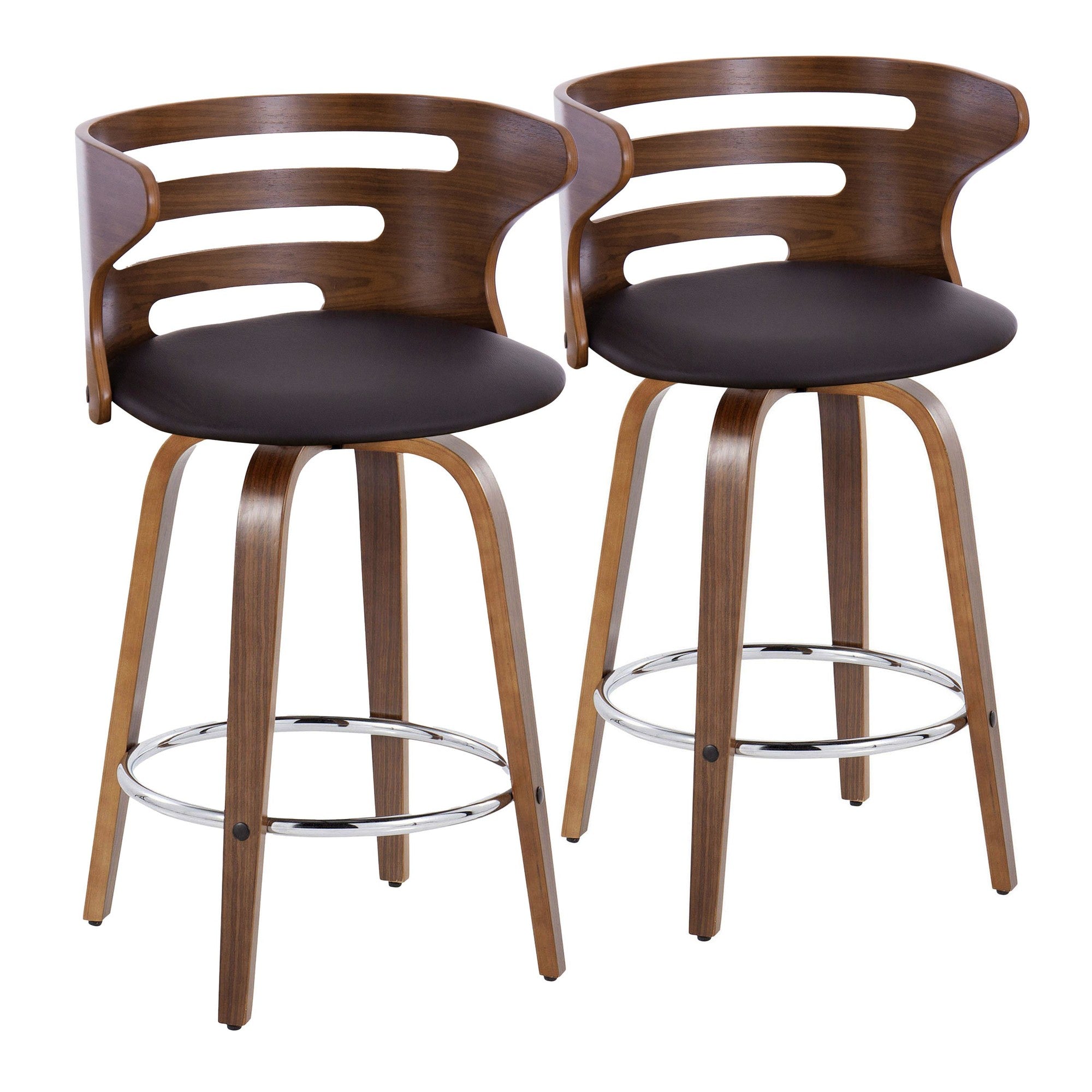 Cosini 26" Fixed-Height Counter Stool - Set of 2 - Walnut Wood, Brown PU, Chrome Metal