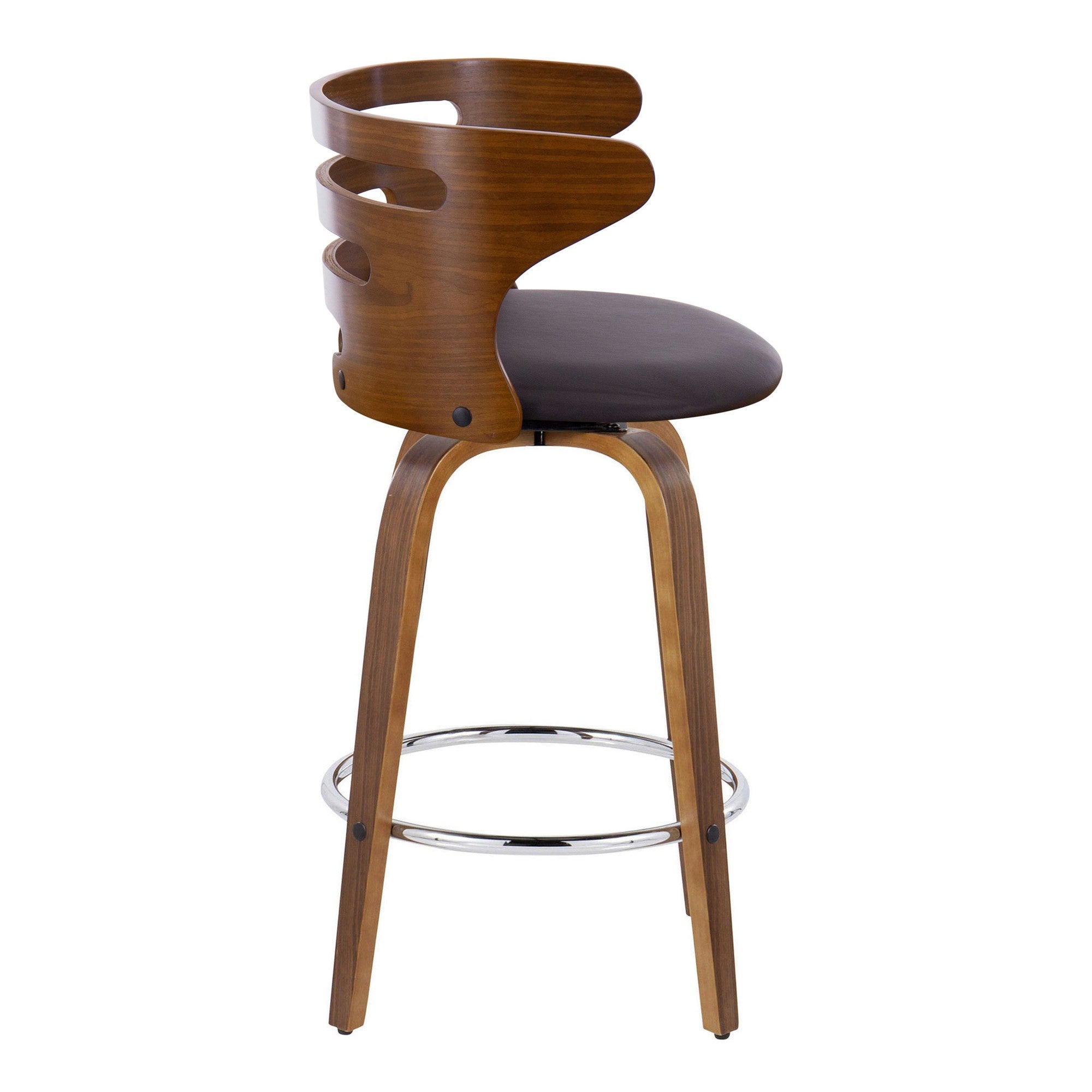 Cosini 26" Fixed-Height Counter Stool - Set of 2 - Walnut Wood, Brown PU, Chrome Metal
