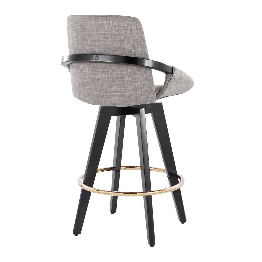 Cosmo 26" Fixed-Height Counter Stool - Set of 2 - Black Wood, Grey Fabric, Gold Metal