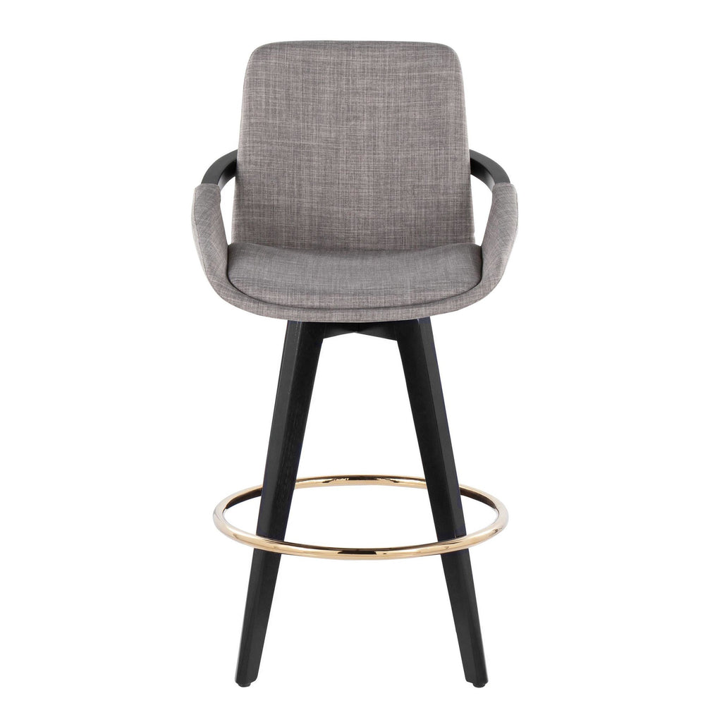 Cosmo 26" Fixed-Height Counter Stool - Set of 2 - Black Wood, Grey Fabric, Gold Metal