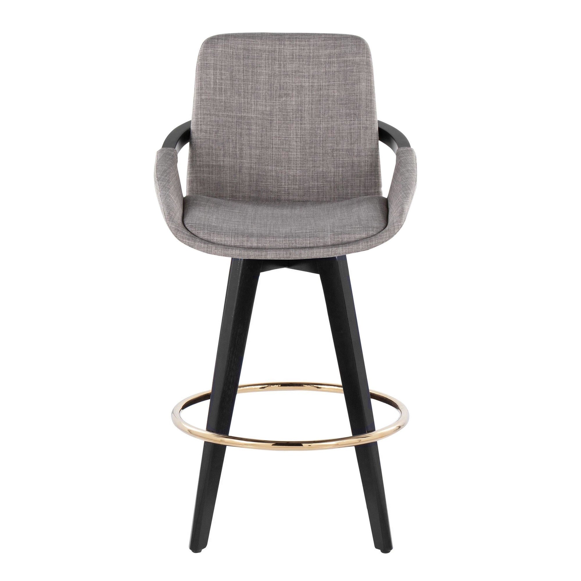 Cosmo 26" Fixed-Height Counter Stool - Set of 2 - Black Wood, Grey Fabric, Gold Metal