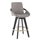 Cosmo 26" Fixed-Height Counter Stool - Set of 2 - Black Wood, Grey Fabric, Gold Metal