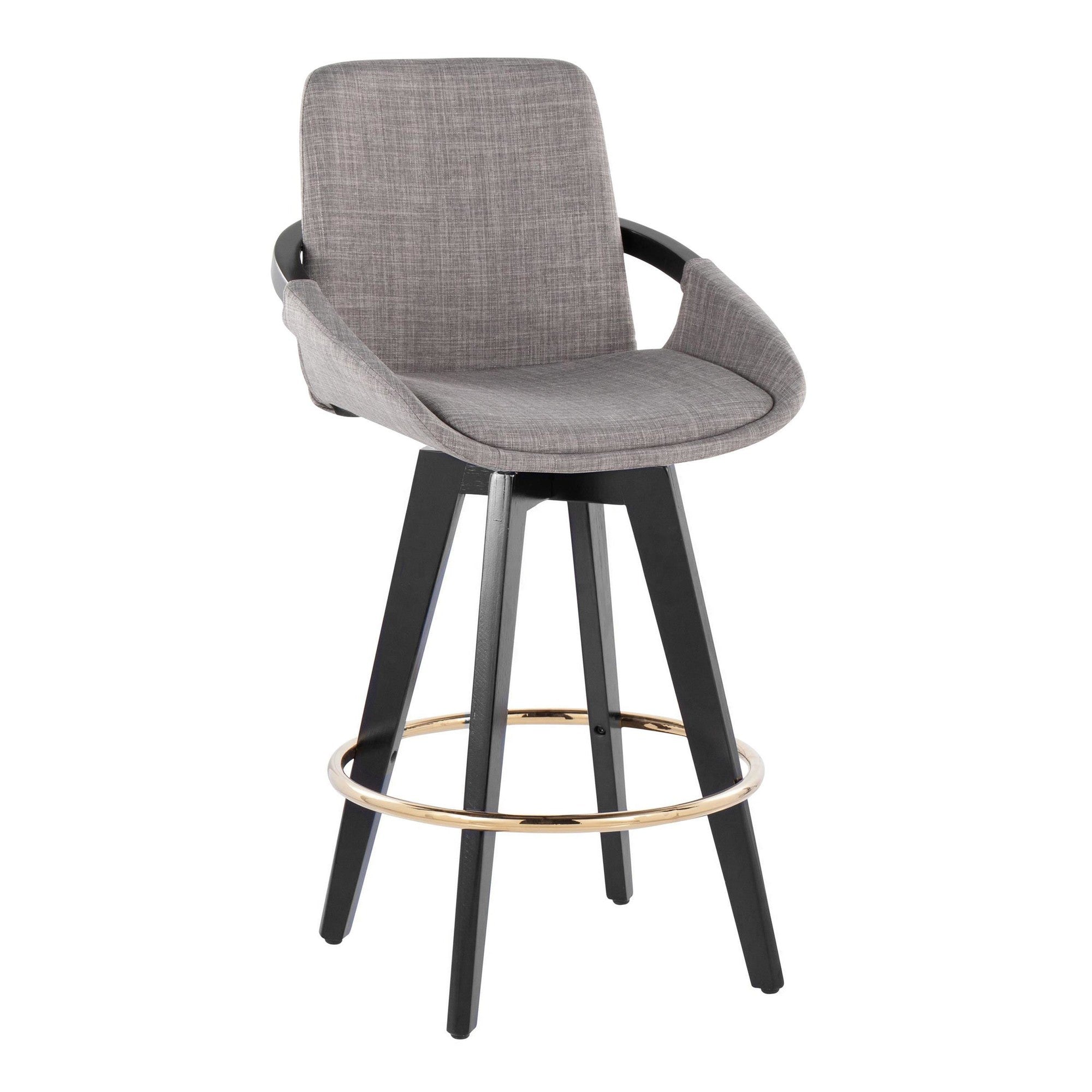 Cosmo 26" Fixed-Height Counter Stool - Set of 2 - Black Wood, Grey Fabric, Gold Metal