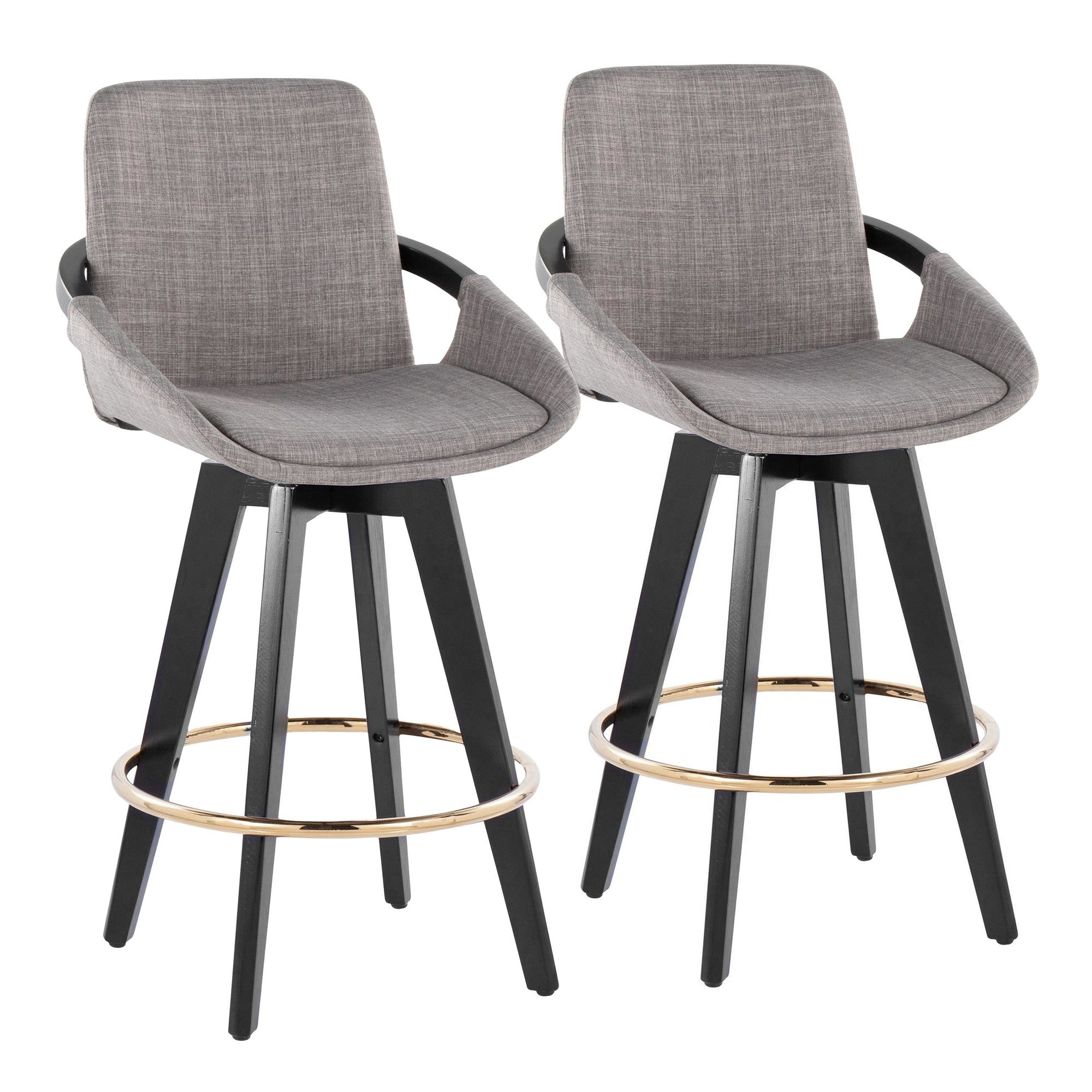 Cosmo 26" Fixed-Height Counter Stool - Set of 2 - Black Wood, Grey Fabric, Gold Metal