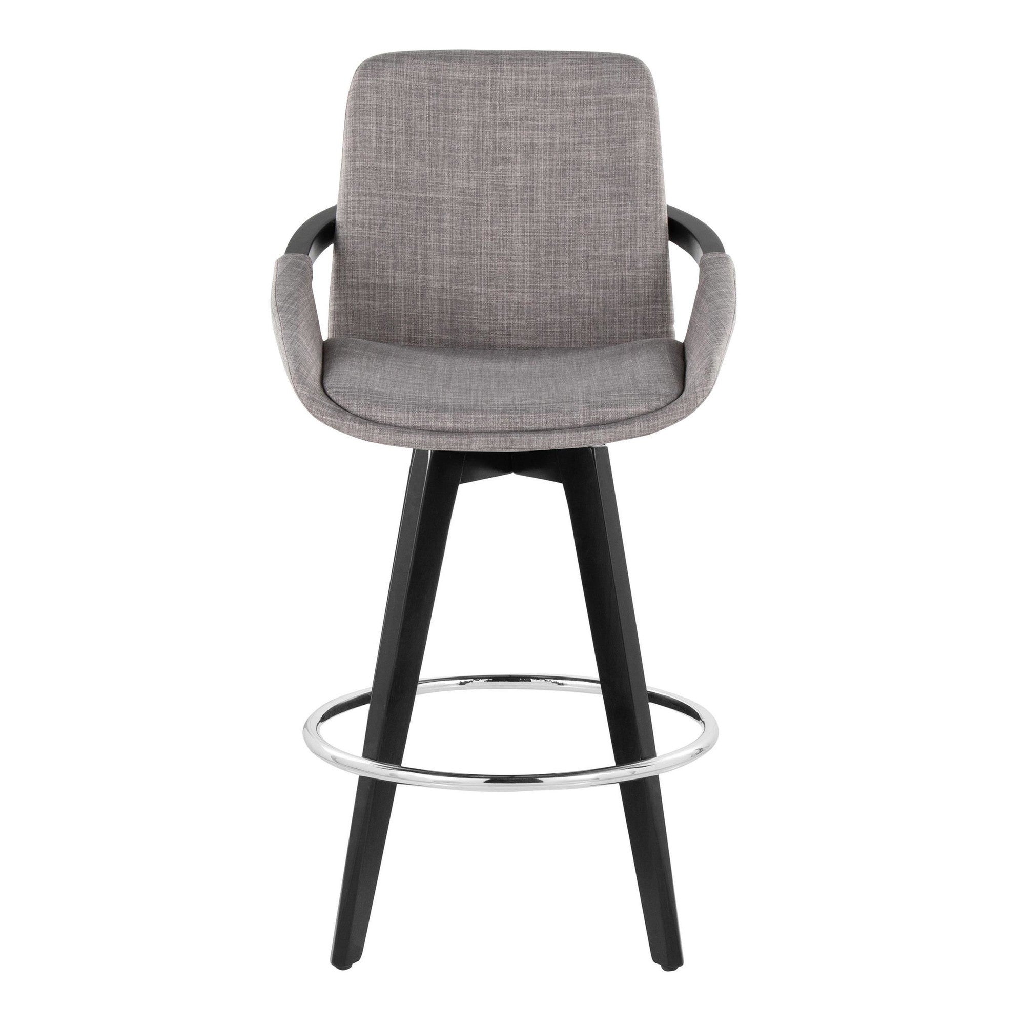 Cosmo 26" Fixed-Height Counter Stool - Set of 2 - Black Wood, Grey Fabric, Chrome Metal