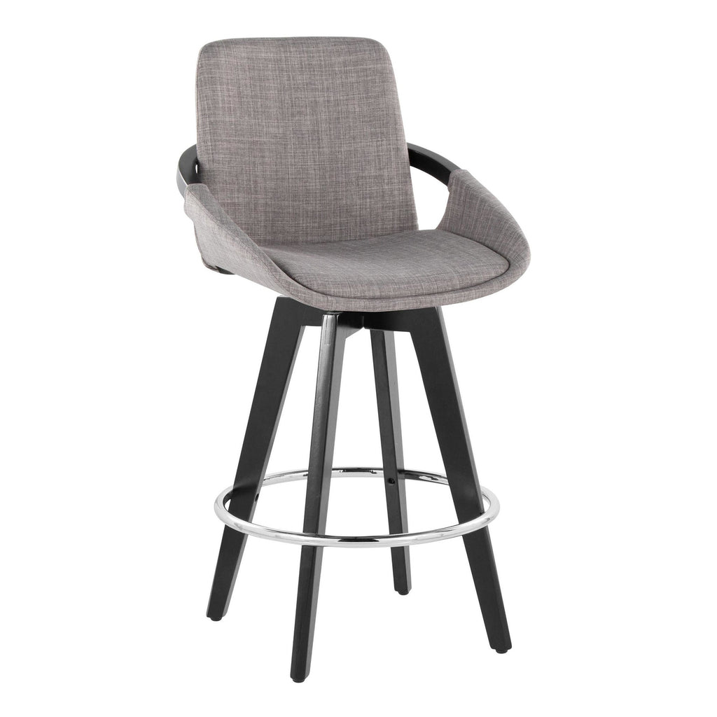 Cosmo 26" Fixed-Height Counter Stool - Set of 2 - Black Wood, Grey Fabric, Chrome Metal