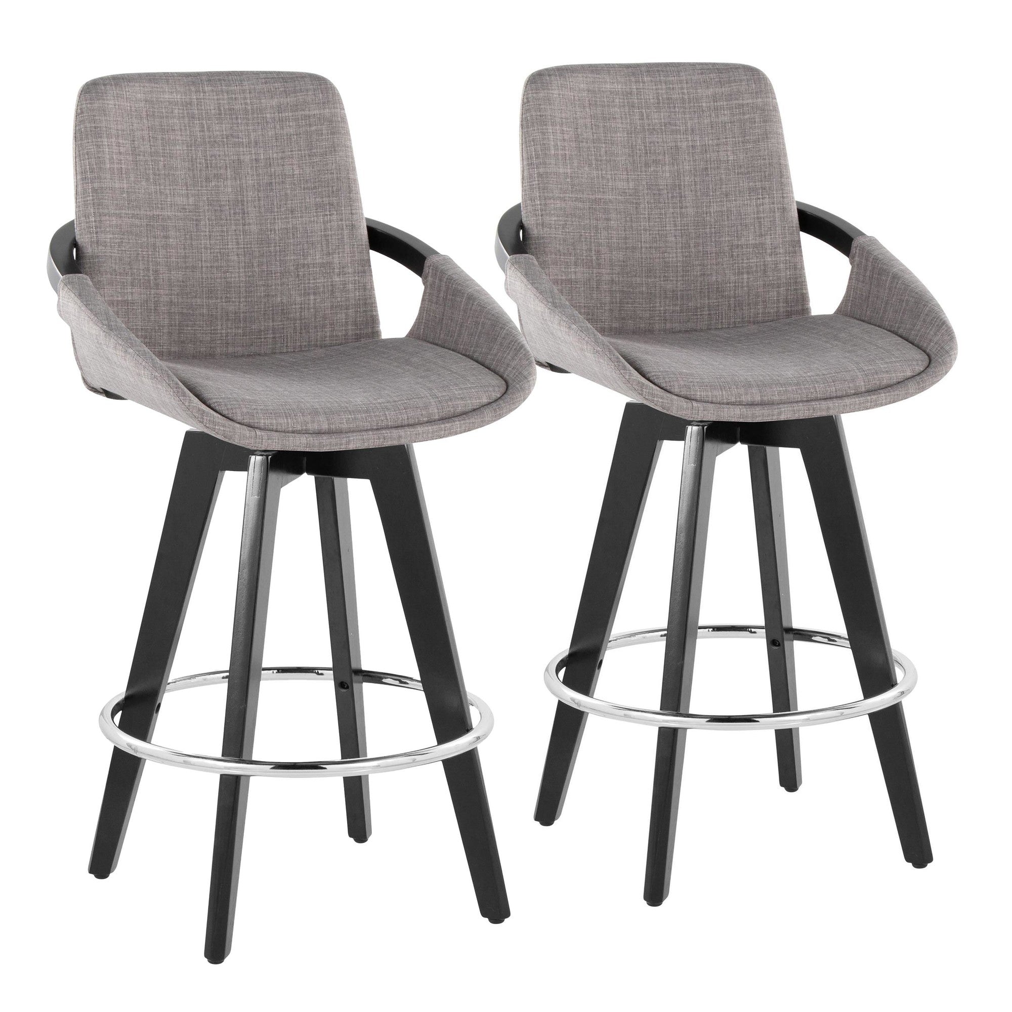 Cosmo 26" Fixed-Height Counter Stool - Set of 2 - Black Wood, Grey Fabric, Chrome Metal