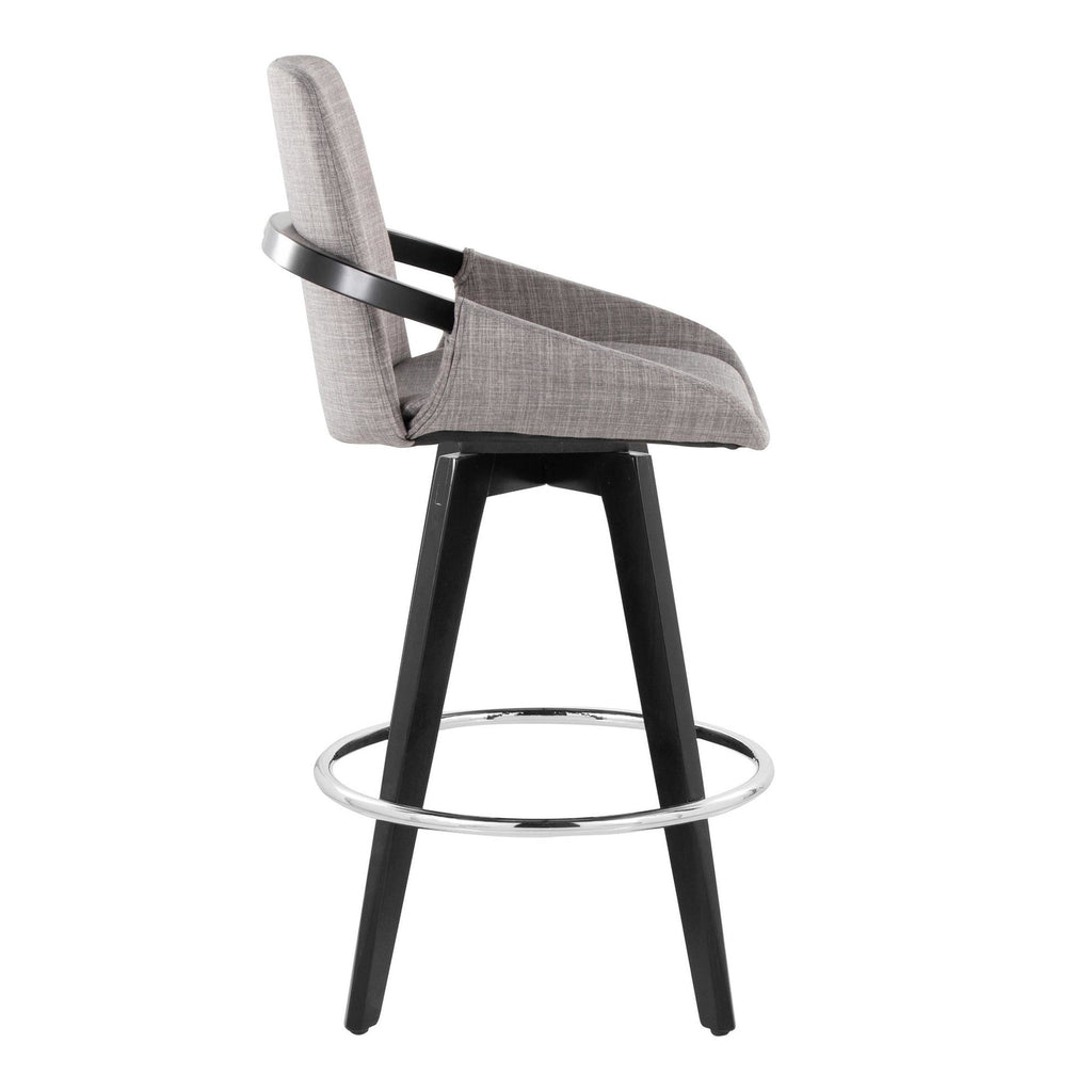 Cosmo 26" Fixed-Height Counter Stool - Set of 2 - Black Wood, Grey Fabric, Chrome Metal