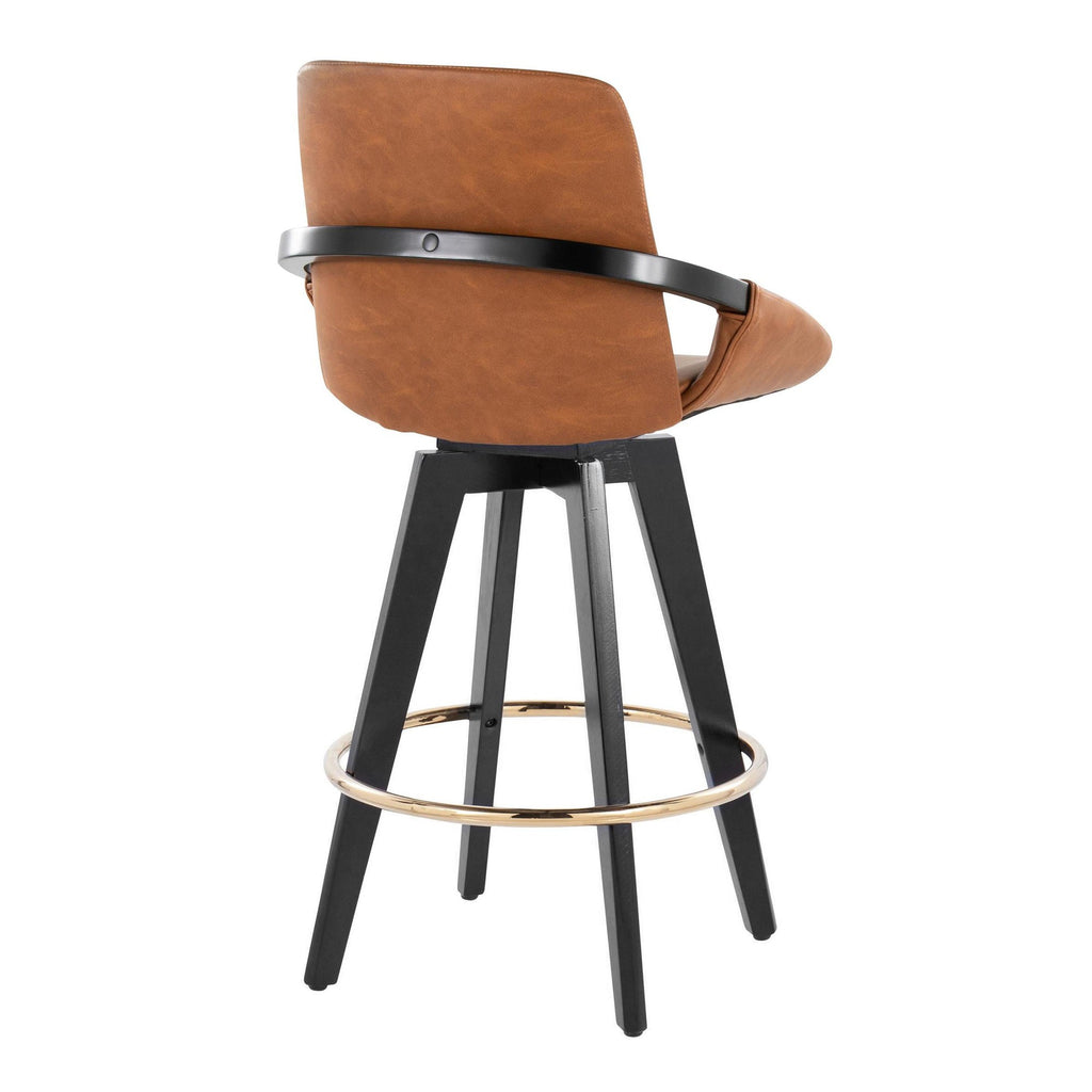 Cosmo 26" Fixed-Height Counter Stool - Set of 2 - Black Wood, Camel PU, Gold Metal