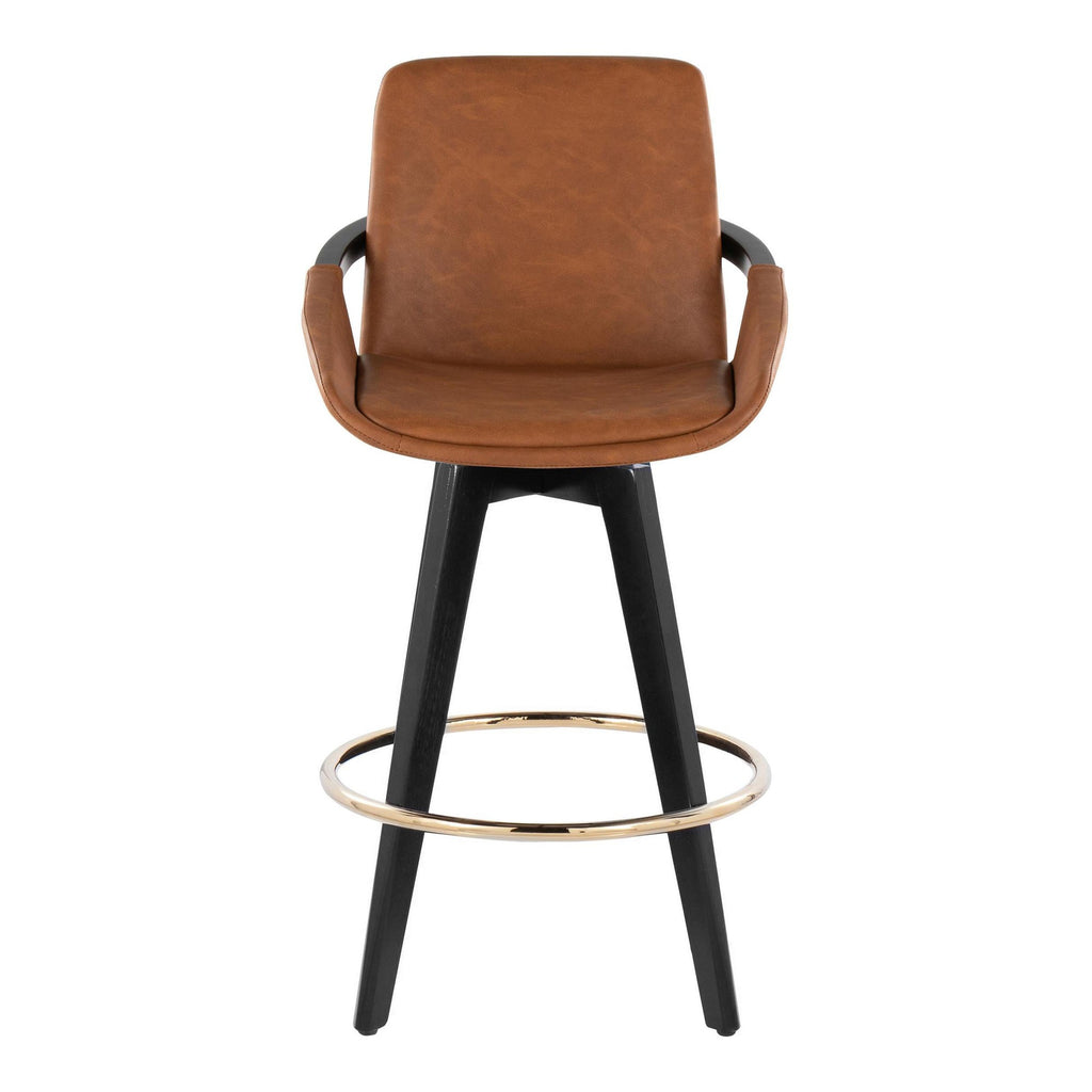 Cosmo 26" Fixed-Height Counter Stool - Set of 2 - Black Wood, Camel PU, Gold Metal