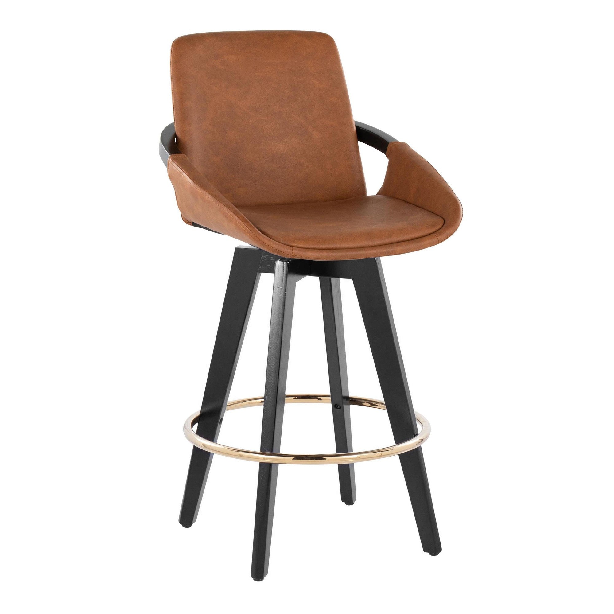 Cosmo 26" Fixed-Height Counter Stool - Set of 2 - Black Wood, Camel PU, Gold Metal