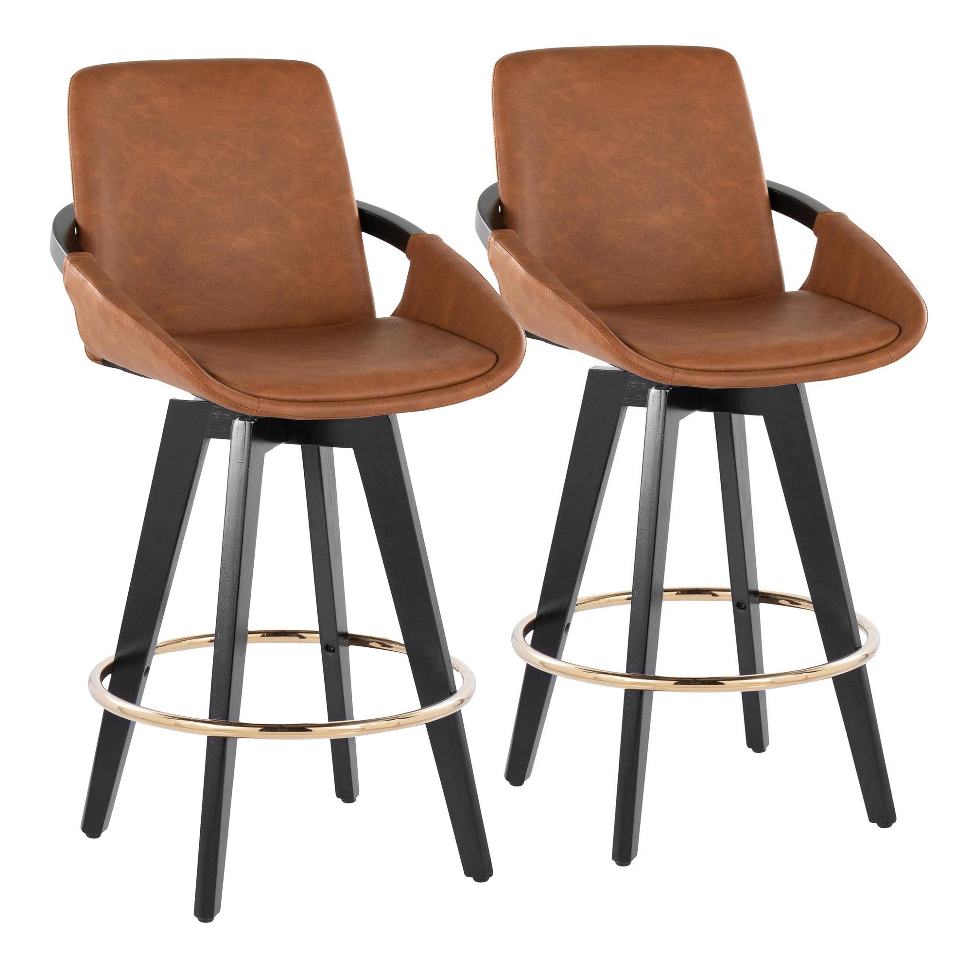 Cosmo 26" Fixed-Height Counter Stool - Set of 2 - Black Wood, Camel PU, Gold Metal