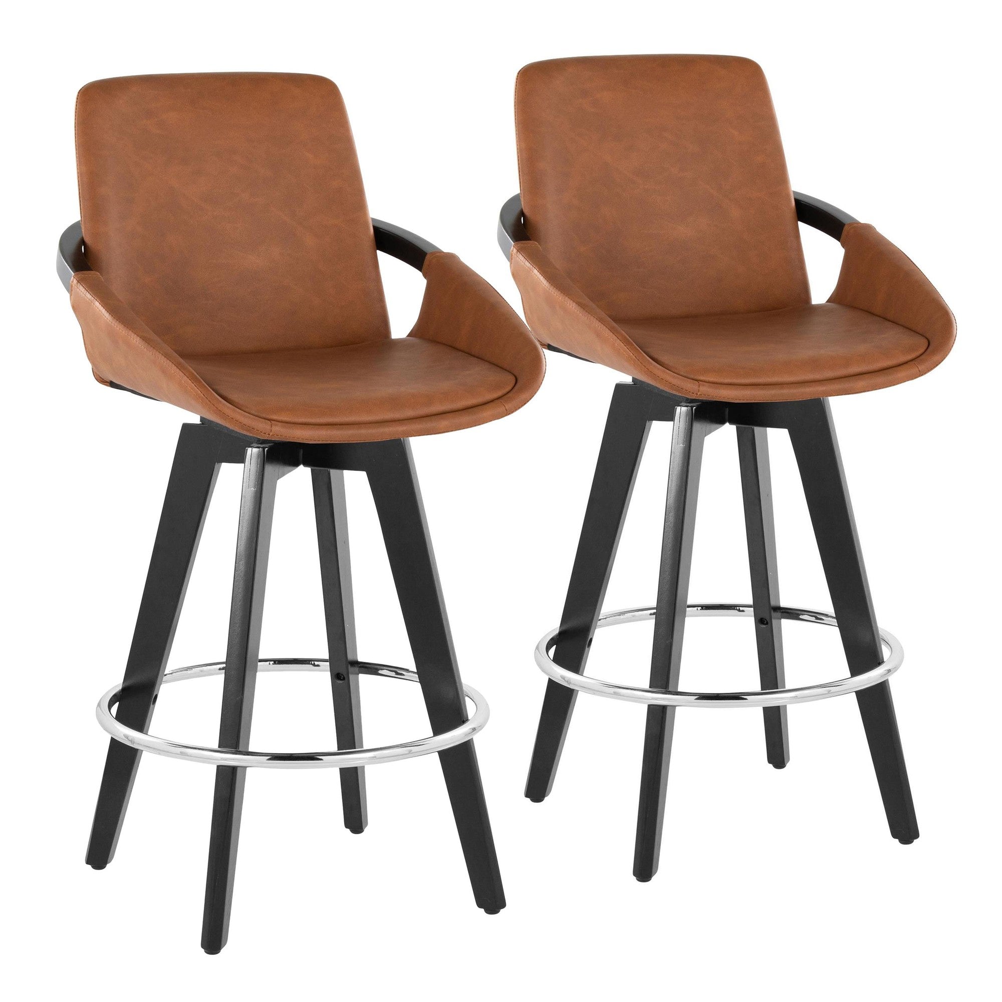 Cosmo 26" Fixed-Height Counter Stool - Set of 2 - Black Wood, Camel PU, Chrome Metal