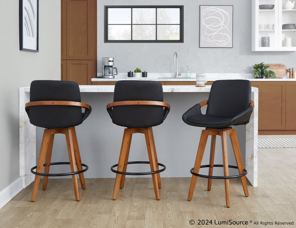 Cosmo 26" Fixed-Height Counter Stool - Walnut Bamboo, Black PU, Black Metal