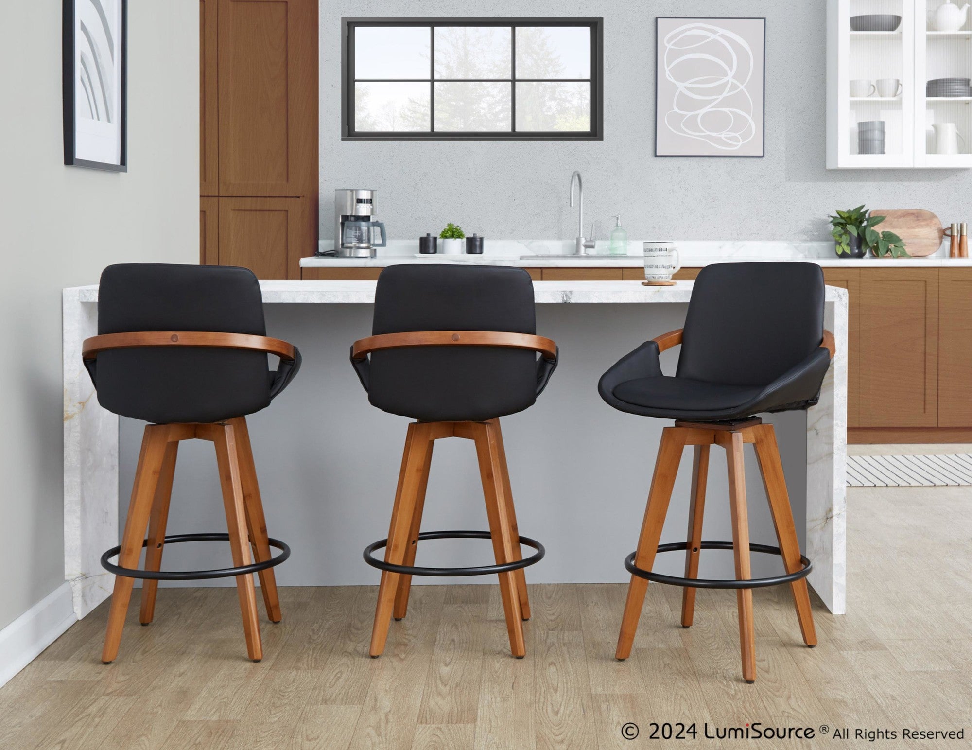 Cosmo 26" Fixed-Height Counter Stool - Walnut Bamboo, Black PU, Black Metal