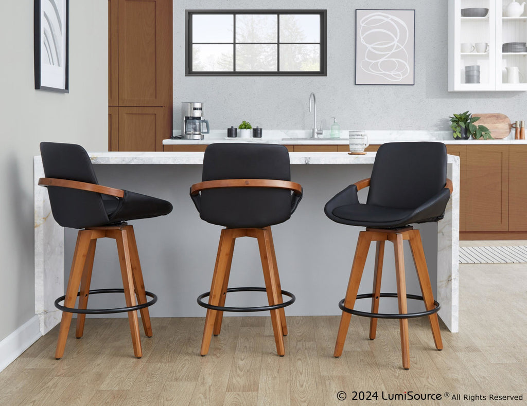 Cosmo 26" Fixed-Height Counter Stool - Walnut Bamboo, Black PU, Black Metal