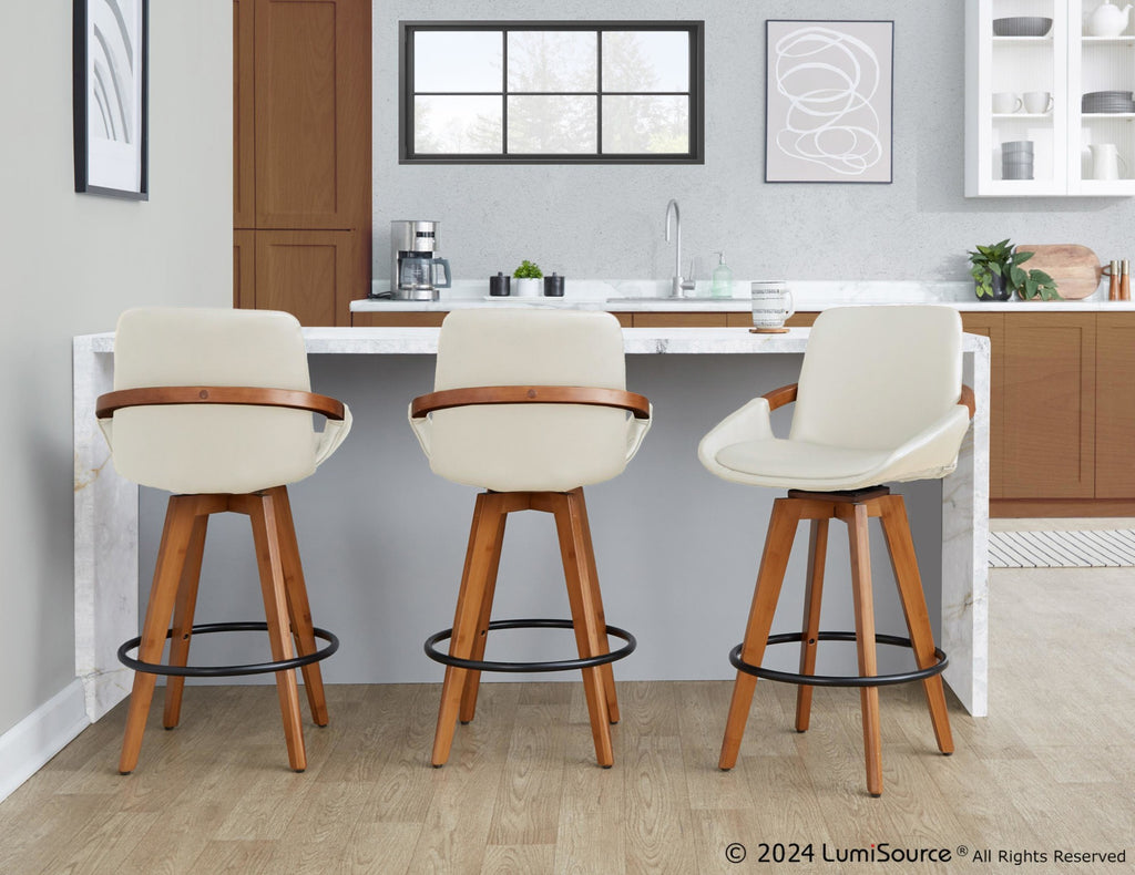 Cosmo 26" Fixed-Height Counter Stool - Walnut Bamboo, Cream PU, Black Metal