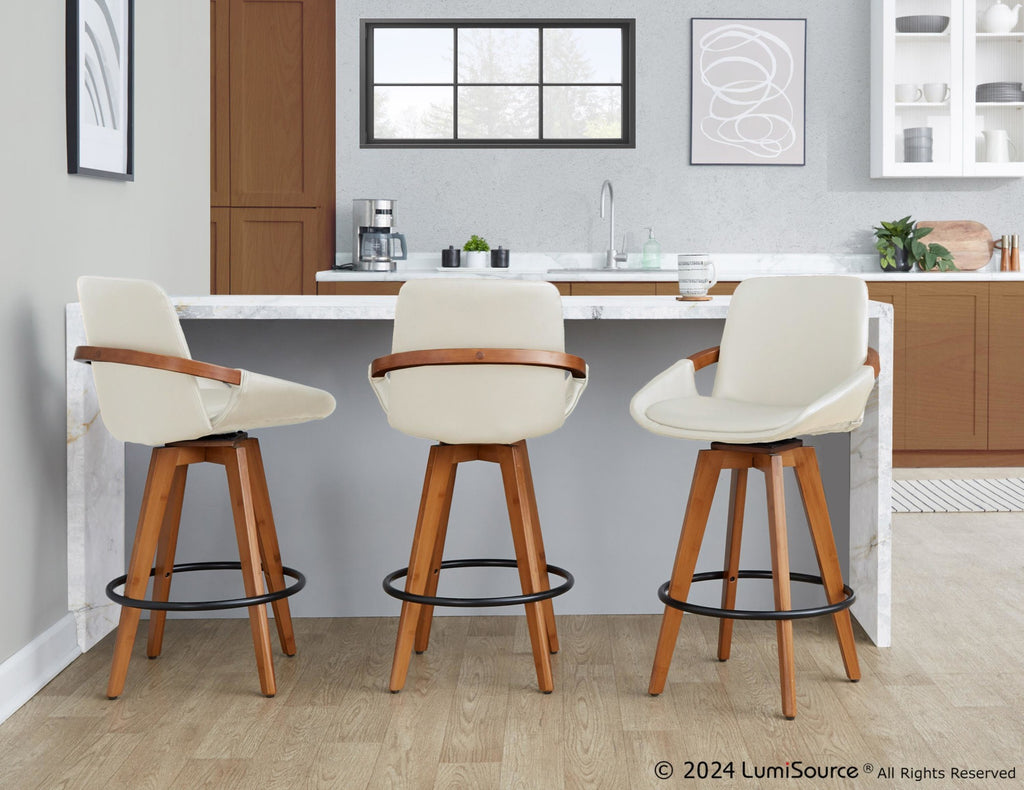 Cosmo 26" Fixed-Height Counter Stool - Walnut Bamboo, Cream PU, Black Metal