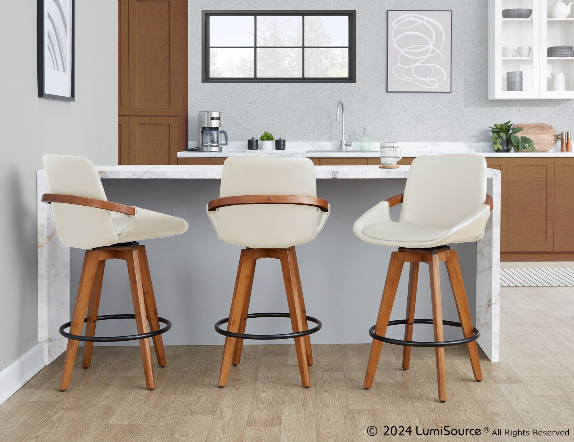 Cosmo 26" Fixed-Height Counter Stool - Walnut Bamboo, Cream PU, Black Metal