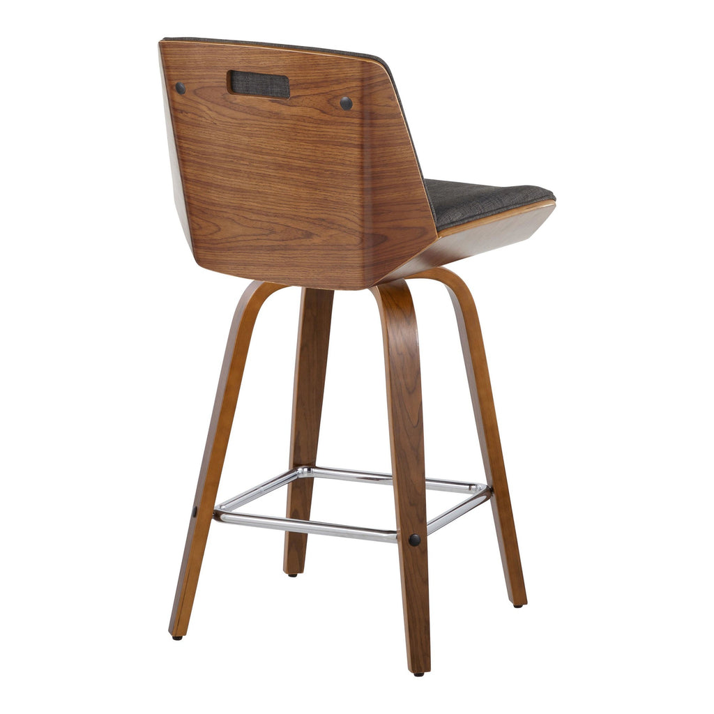 Corazza 26" Fixed-Height Counter Stool - Set of 2 - Walnut Wood, Charcoal Fabric, Chrome Metal