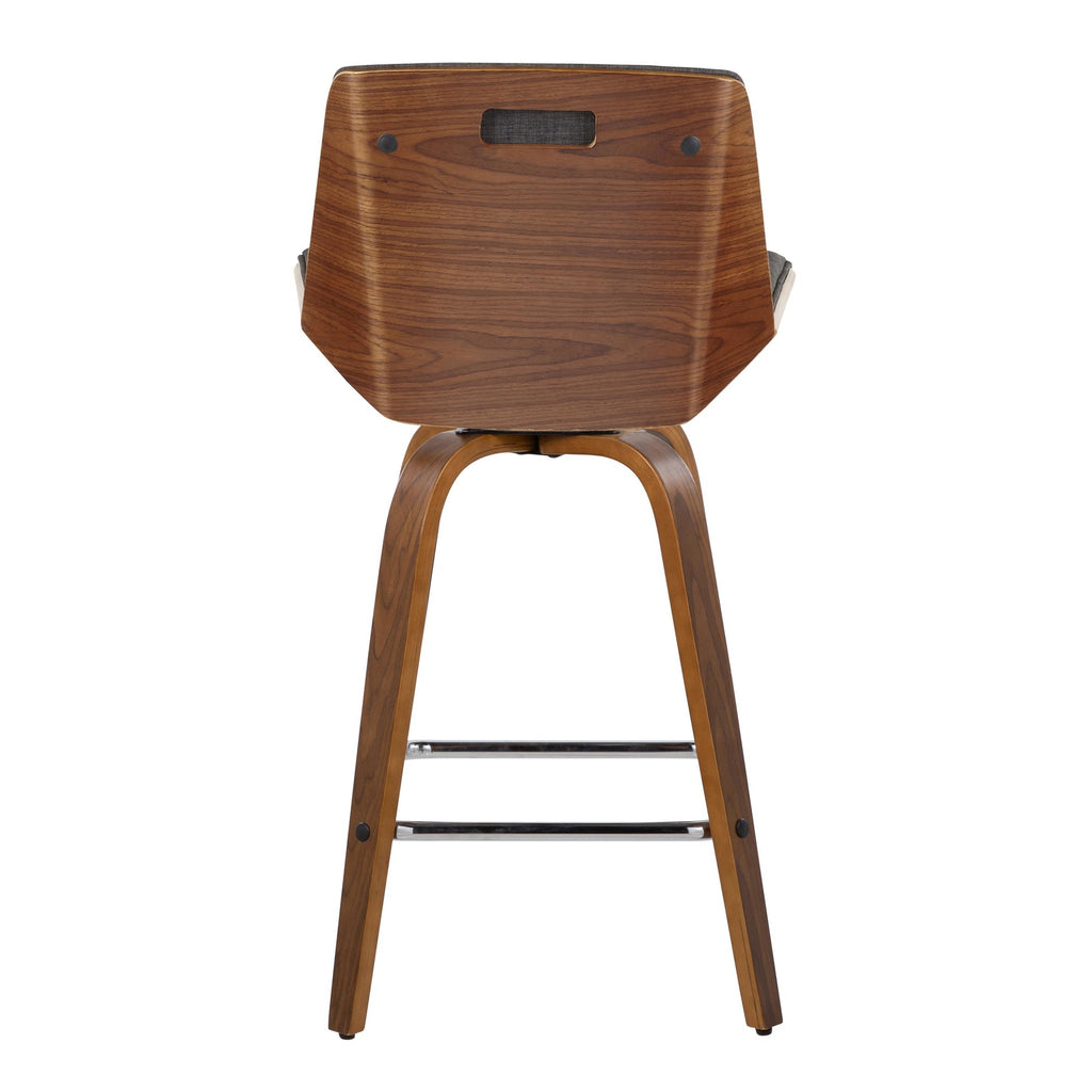 Corazza 26" Fixed-Height Counter Stool - Set of 2 - Walnut Wood, Charcoal Fabric, Chrome Metal